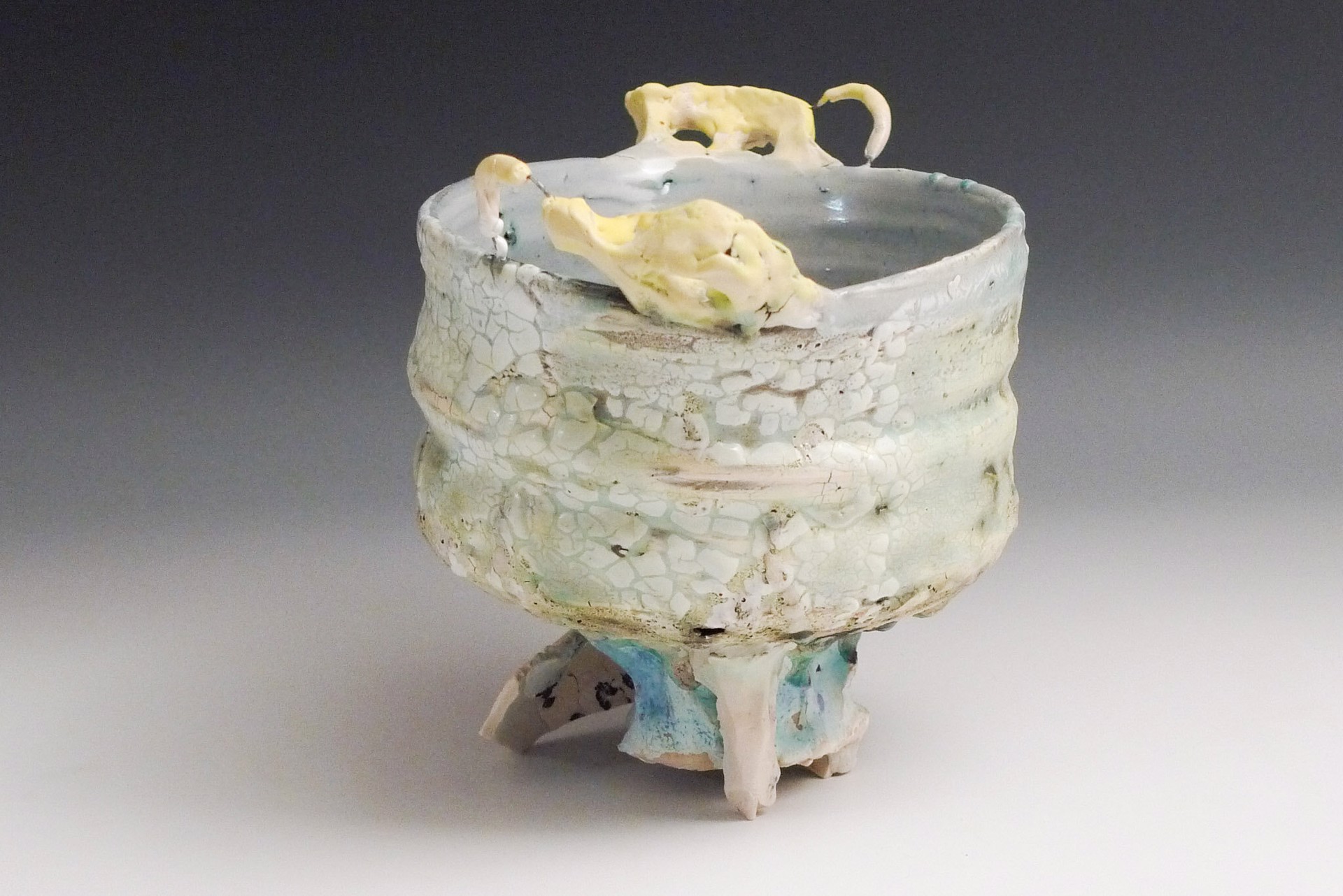Blue Green Bowl with Yellow Handles by Ani Kasten