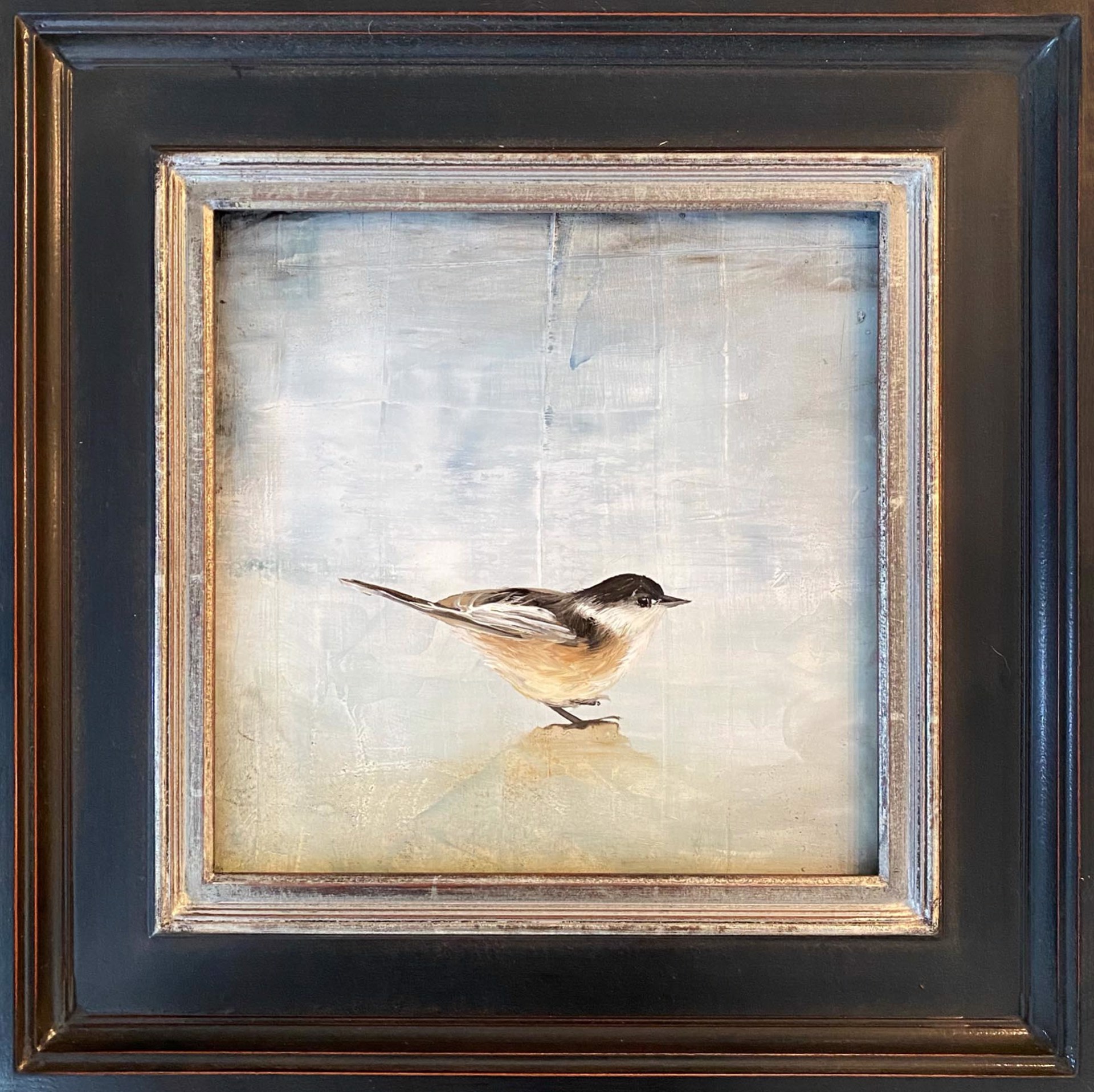Original Contemporary Oil Painting Of A Chickadee On A Abstract Gray And Tan Background