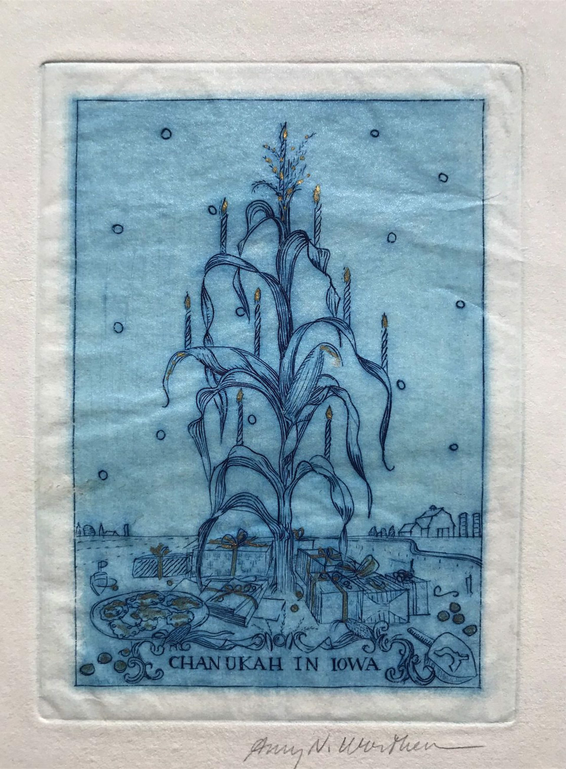 Chanukah in Iowa (white paper, blue ink) by Amy Worthen