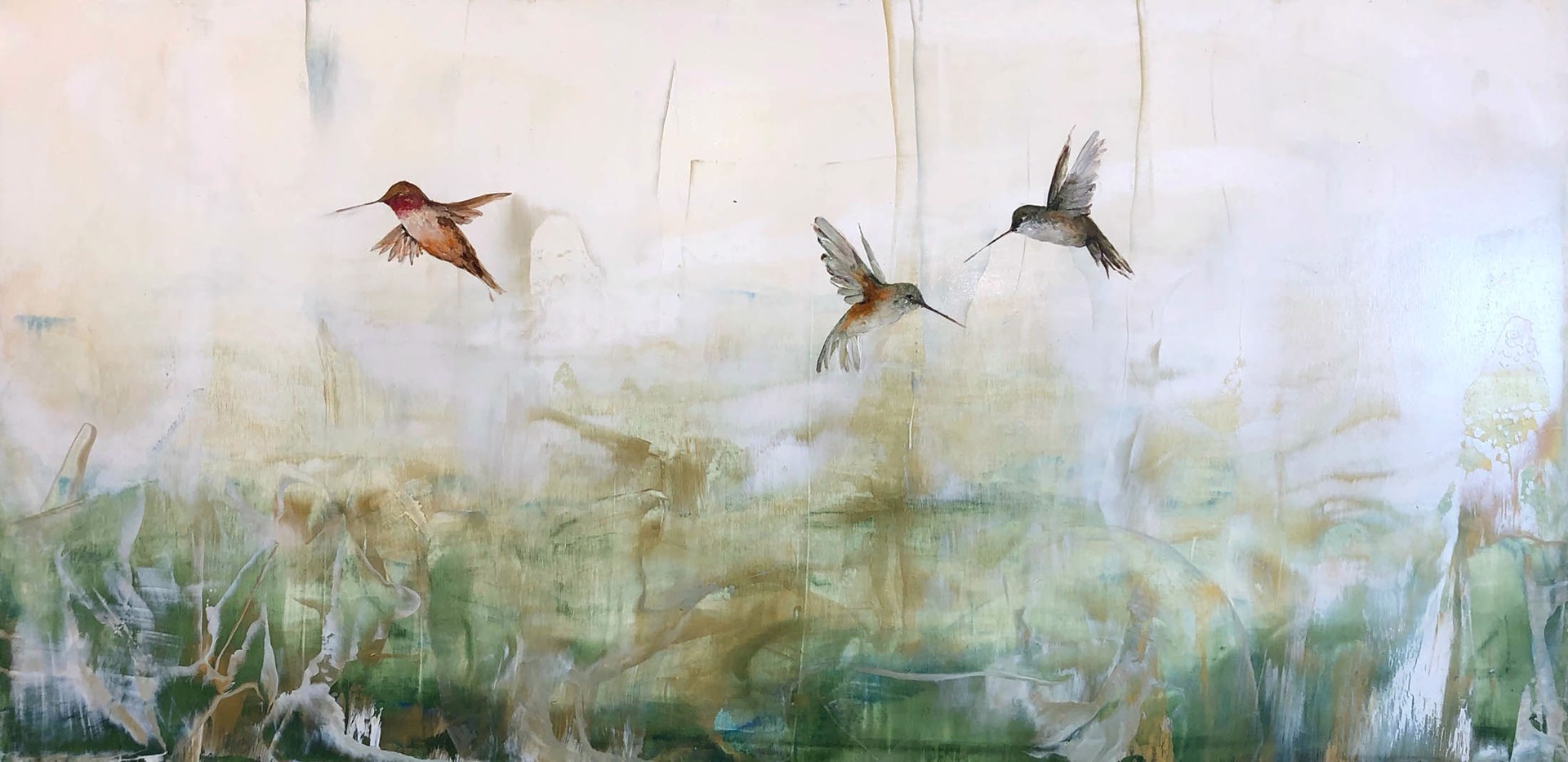 A Contemporary Painting Of Hummingbirds On A Green Abstract Background By Jenna Von Benedikt At Gallery Wild