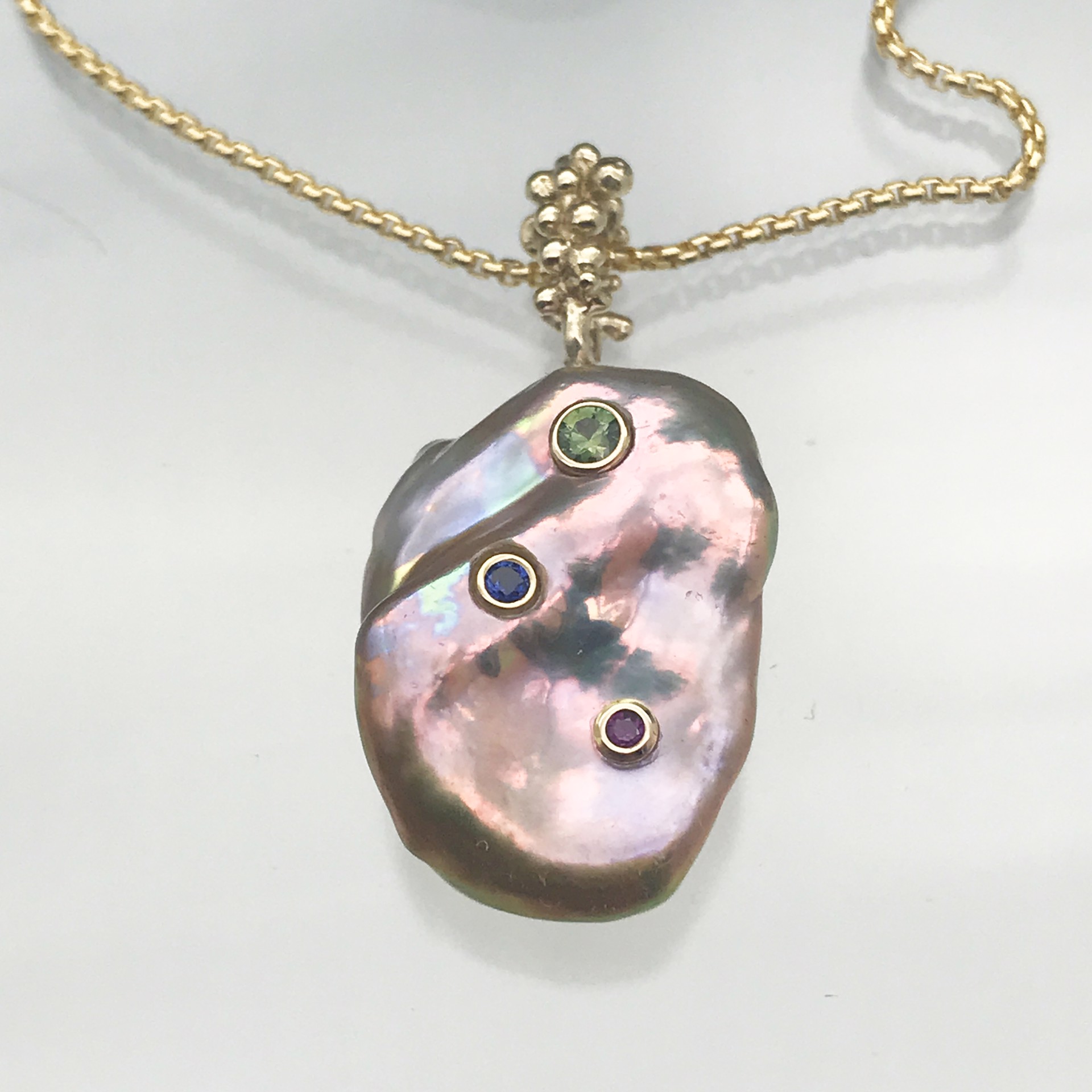 Keshi Pearl Pendant with Sapphires by Thomas Tietze