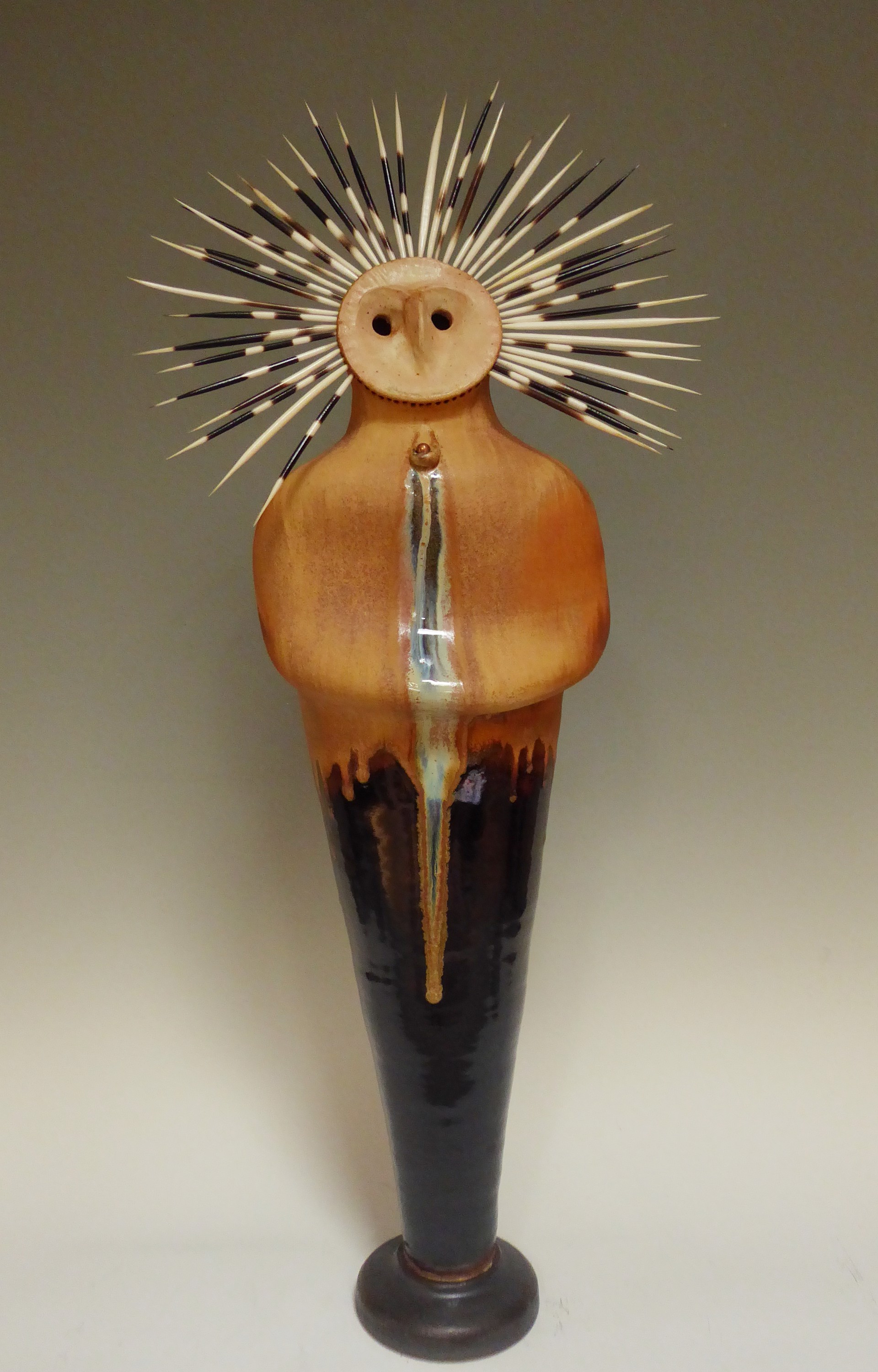 Owl Kachina ~ Sculpted and Thrown Ceramic with Porcupine Quills by Heath Krieger