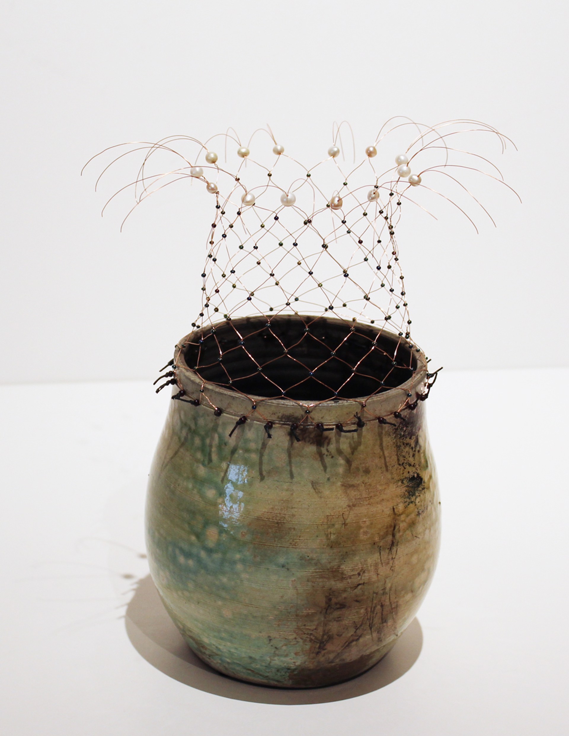 Large Raku Pot with Copper Wire & Pearl by Mary Lynn Portera