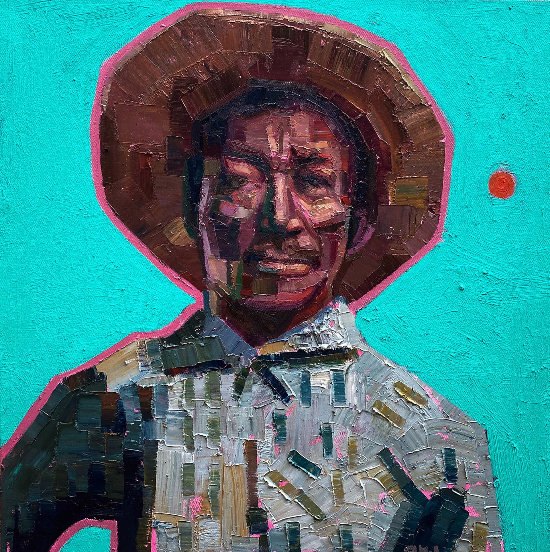 Original Oil Painting By Aaron Hazel Featuring A Portrait Of A Man Over Turquoise Background