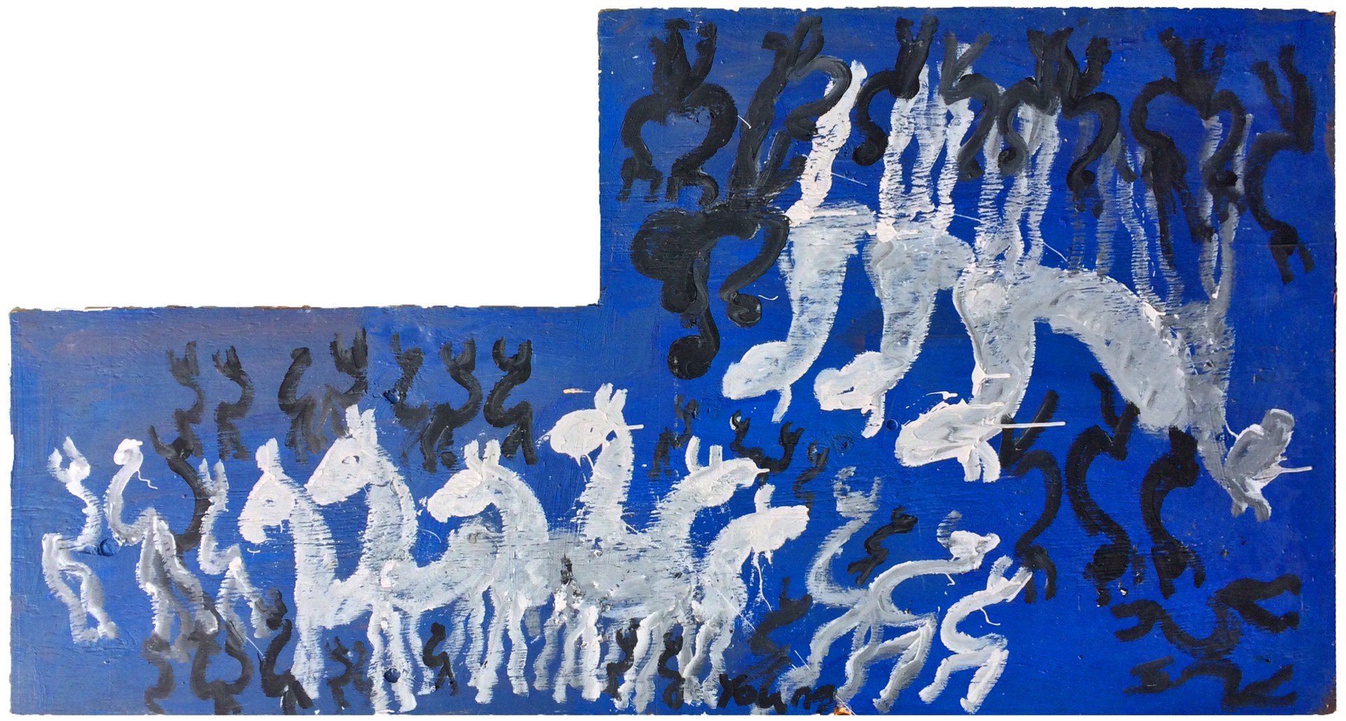 White Horses and Black Figures on Blue by Purvis Young