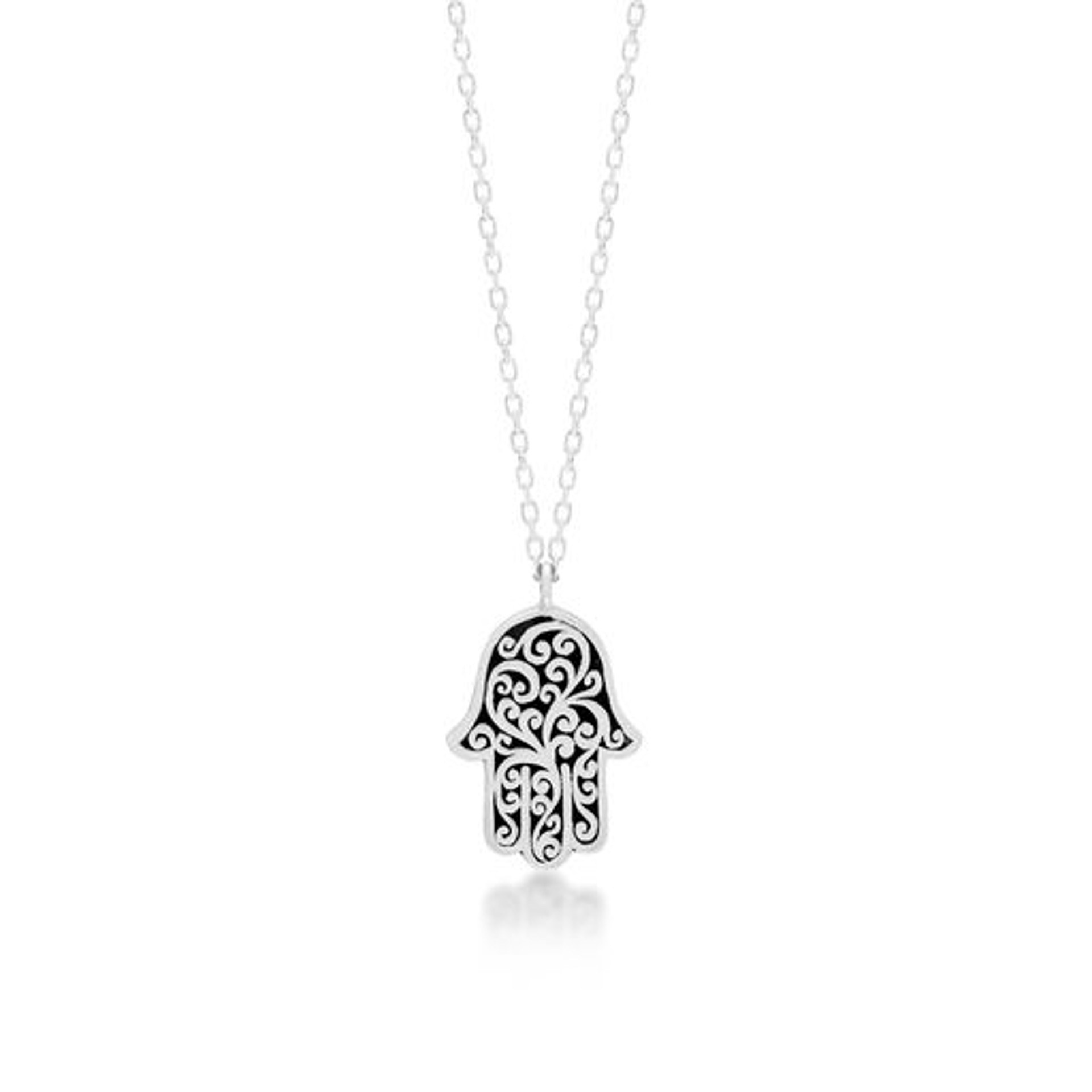 LH Signature Scroll Sterling Silver Delicate Hamsa Pendant Necklace in 18" Adjustable Chain. Pendant size 17x11mm. by Lois Hill