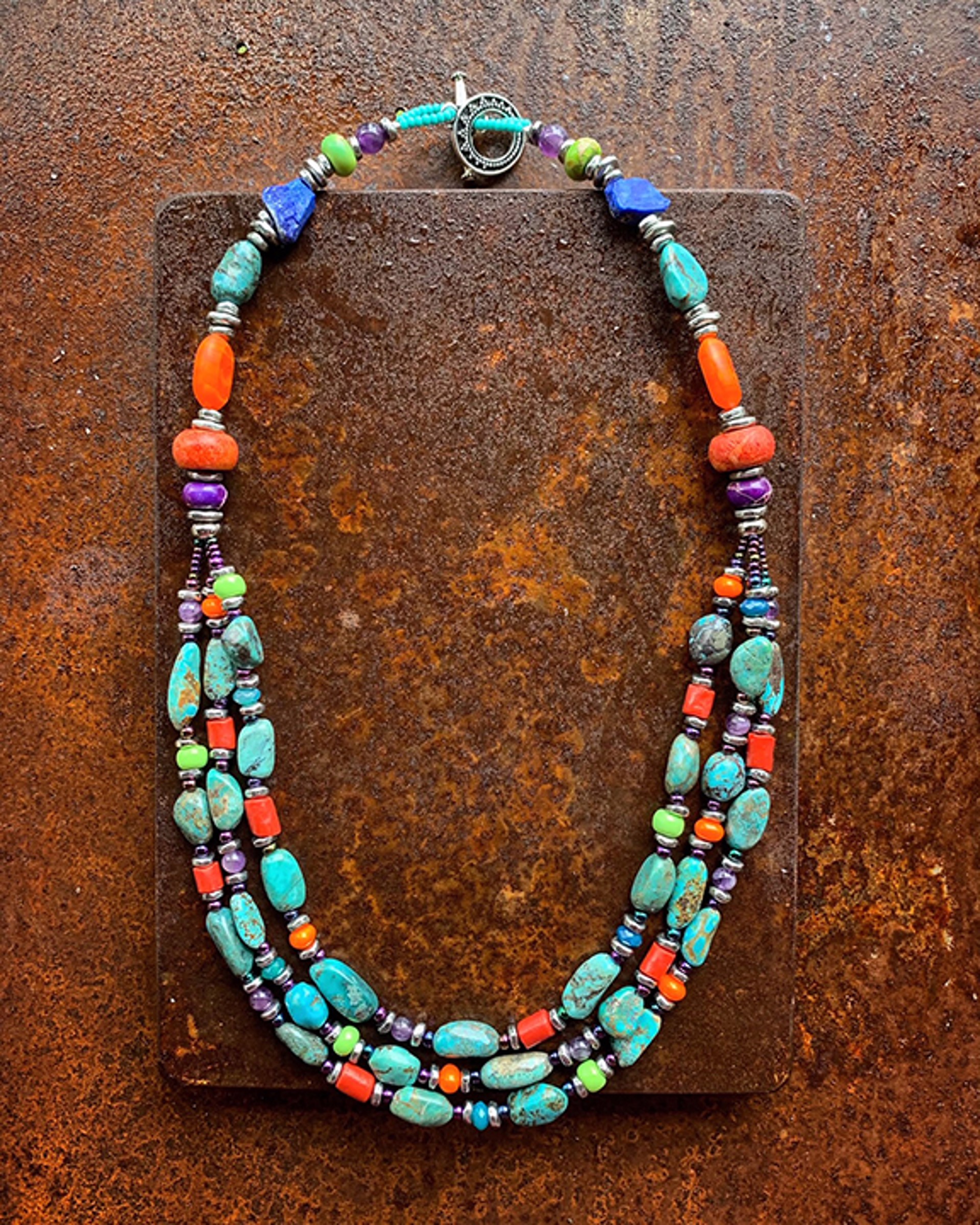 K737 Triple Strand Turquoise Necklace with Orange Accents by Kelly Ormsby