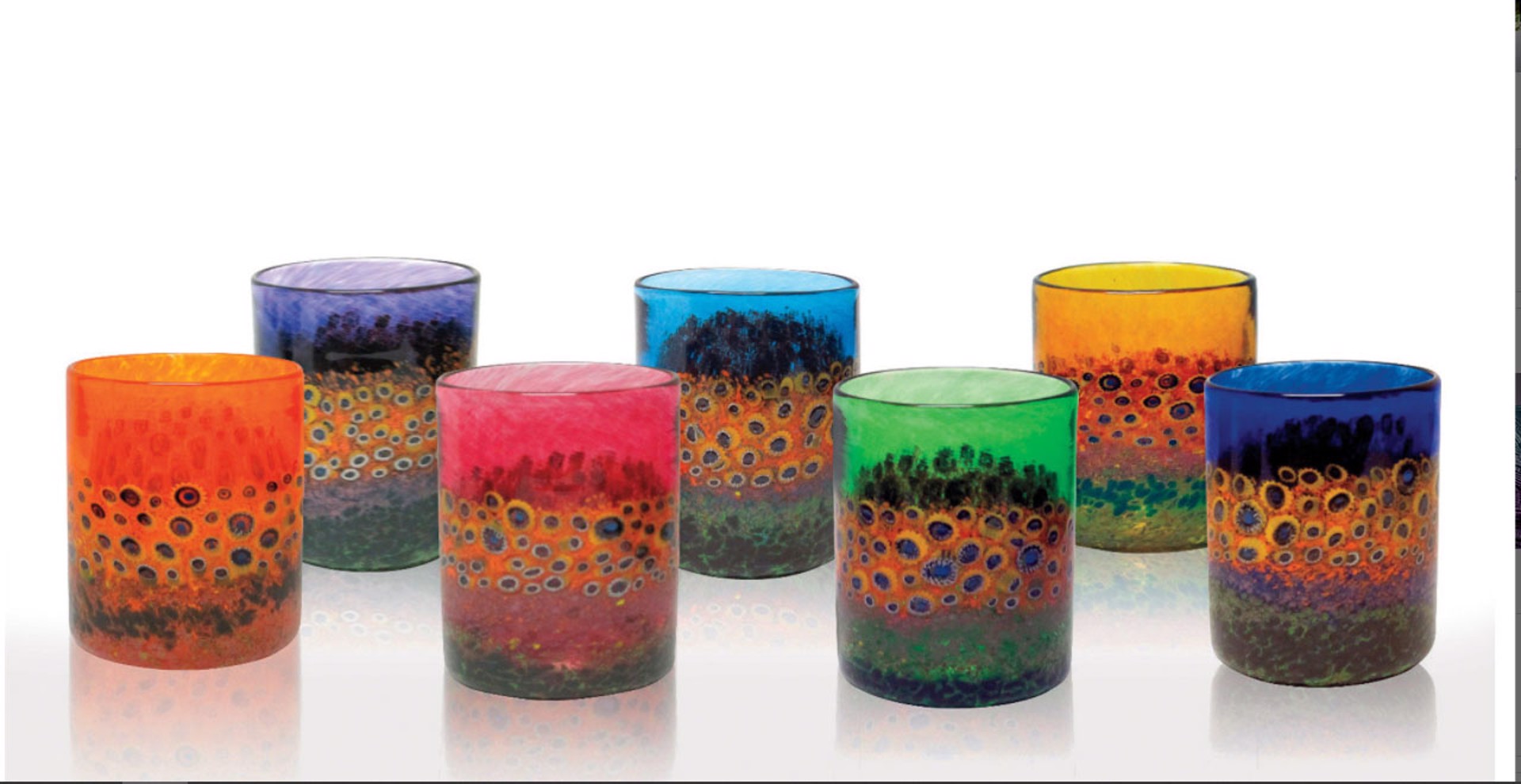 Sunflower Tumblers Set~ Who needs wine charms when everyone can have their own color!  Seven different colors. Patterns and decoration will vary. by Ken Hanson & Ingrid Hanson