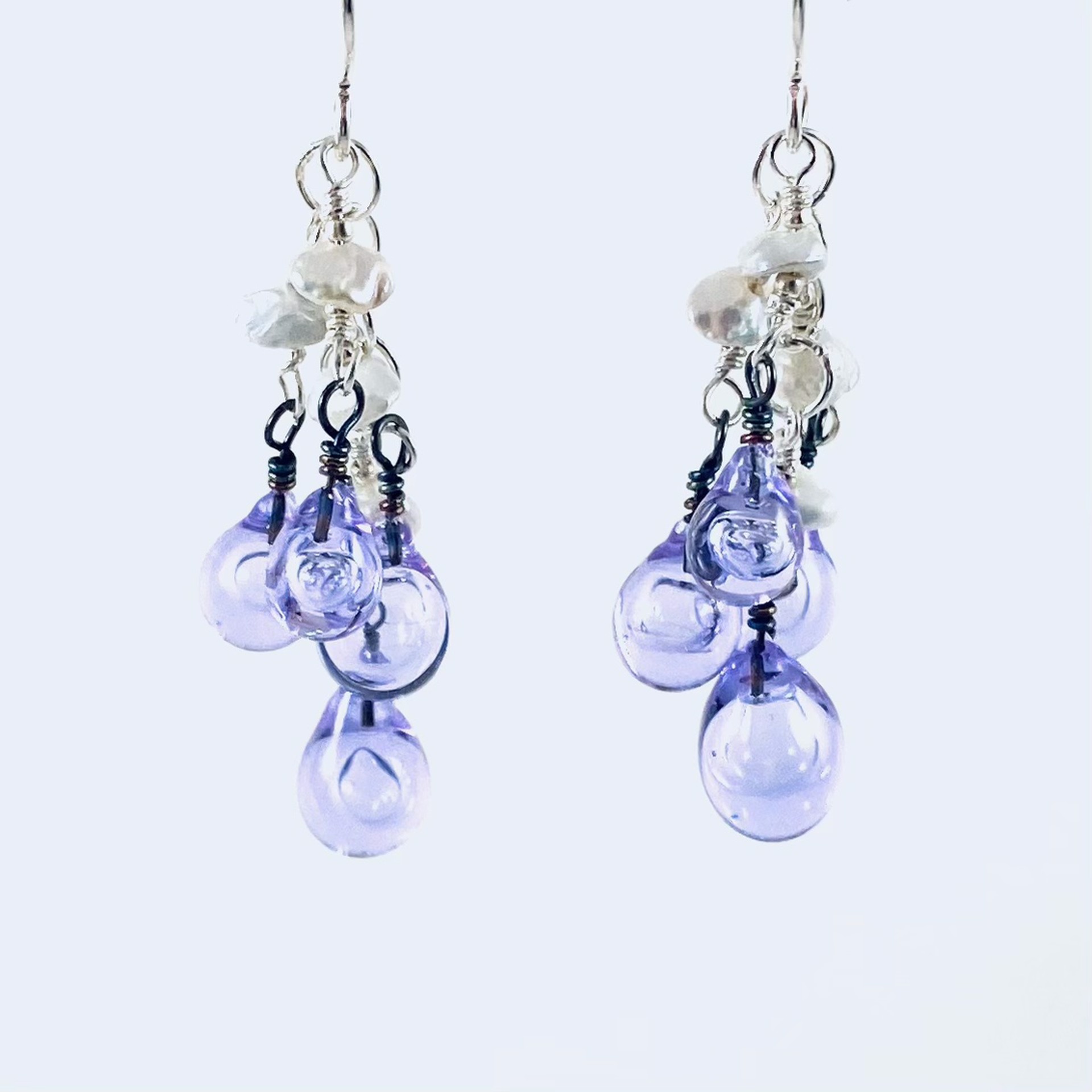 Pale Blue/Lavender (glass changes color) Hollow Drop Bead Cluster with Pearl Earrings by Linda Sacra