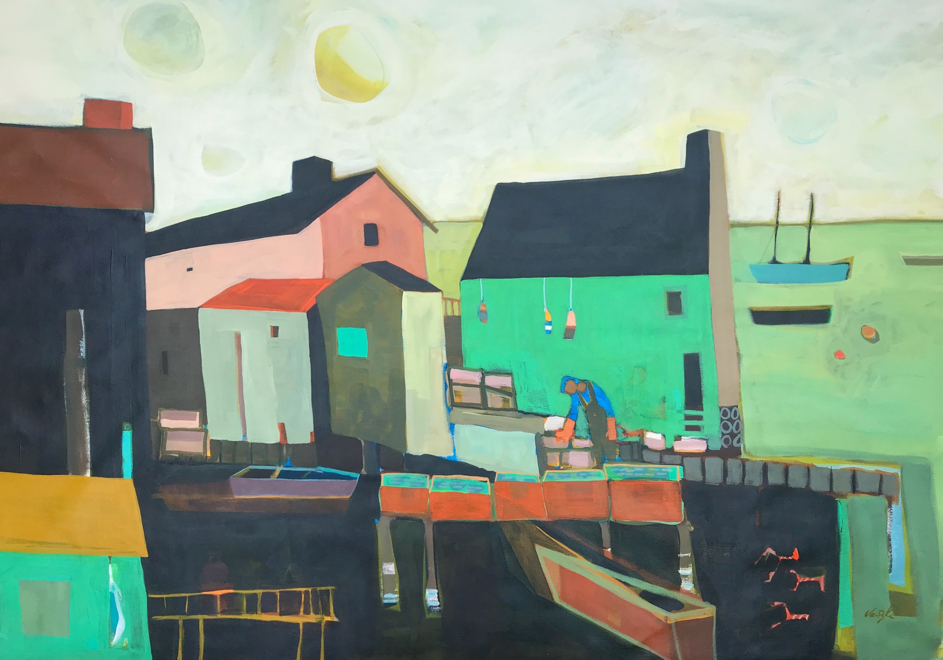 Wharf worker, docks and fish trays with salted herring by Rachael Van Dyke