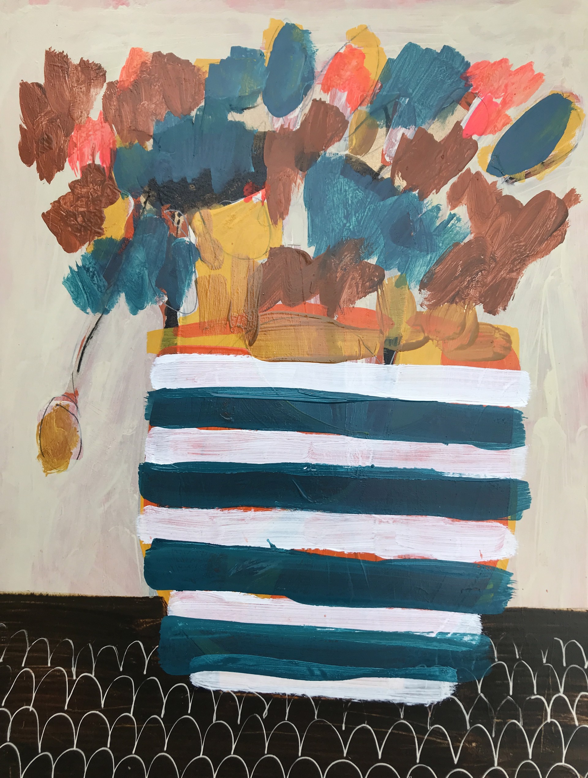 Blue Striped Pot with Flowers by Rachael Van Dyke