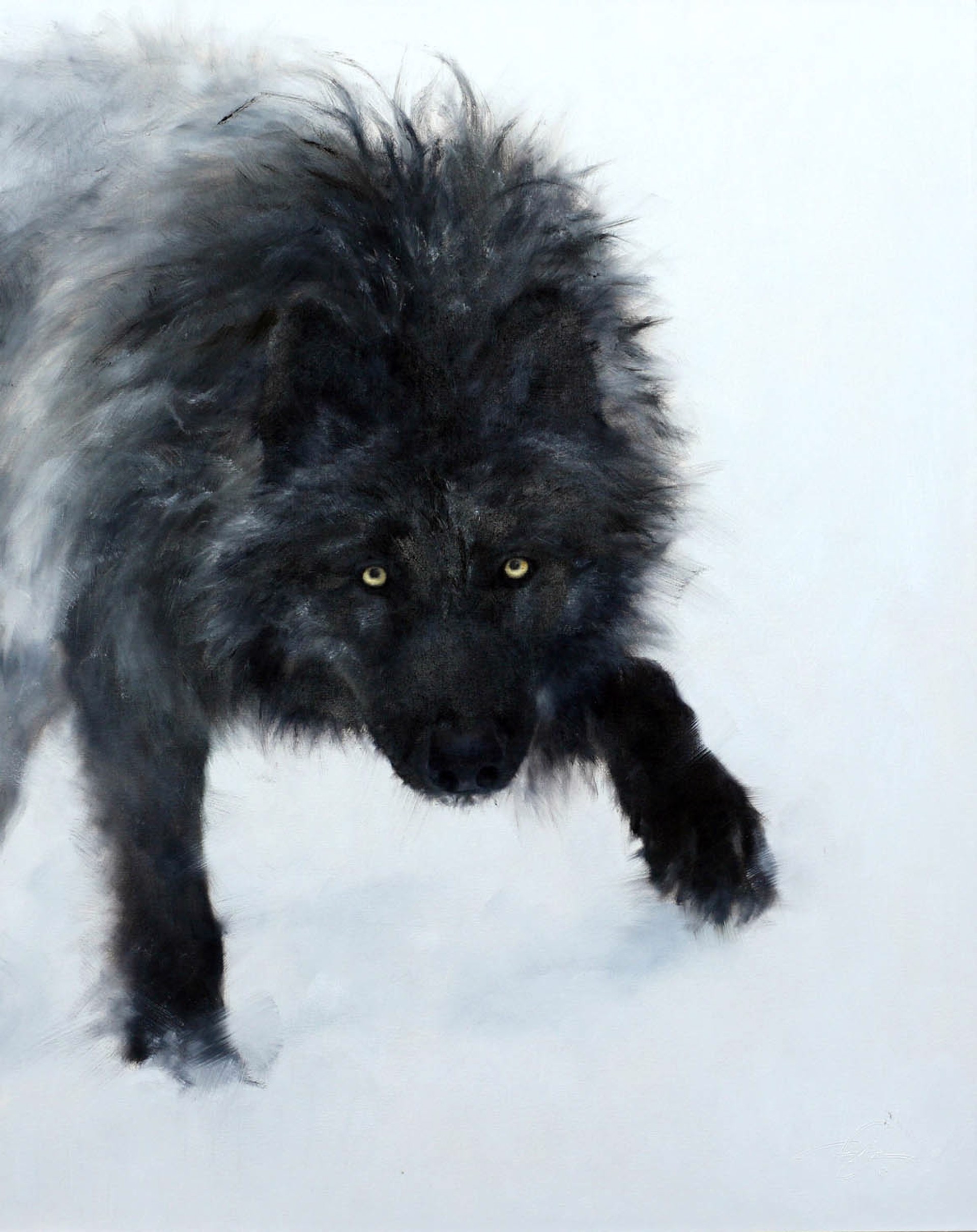 Original Oil Painting Featuring A Black Wolf Facing The Viewer Lifting One Paw