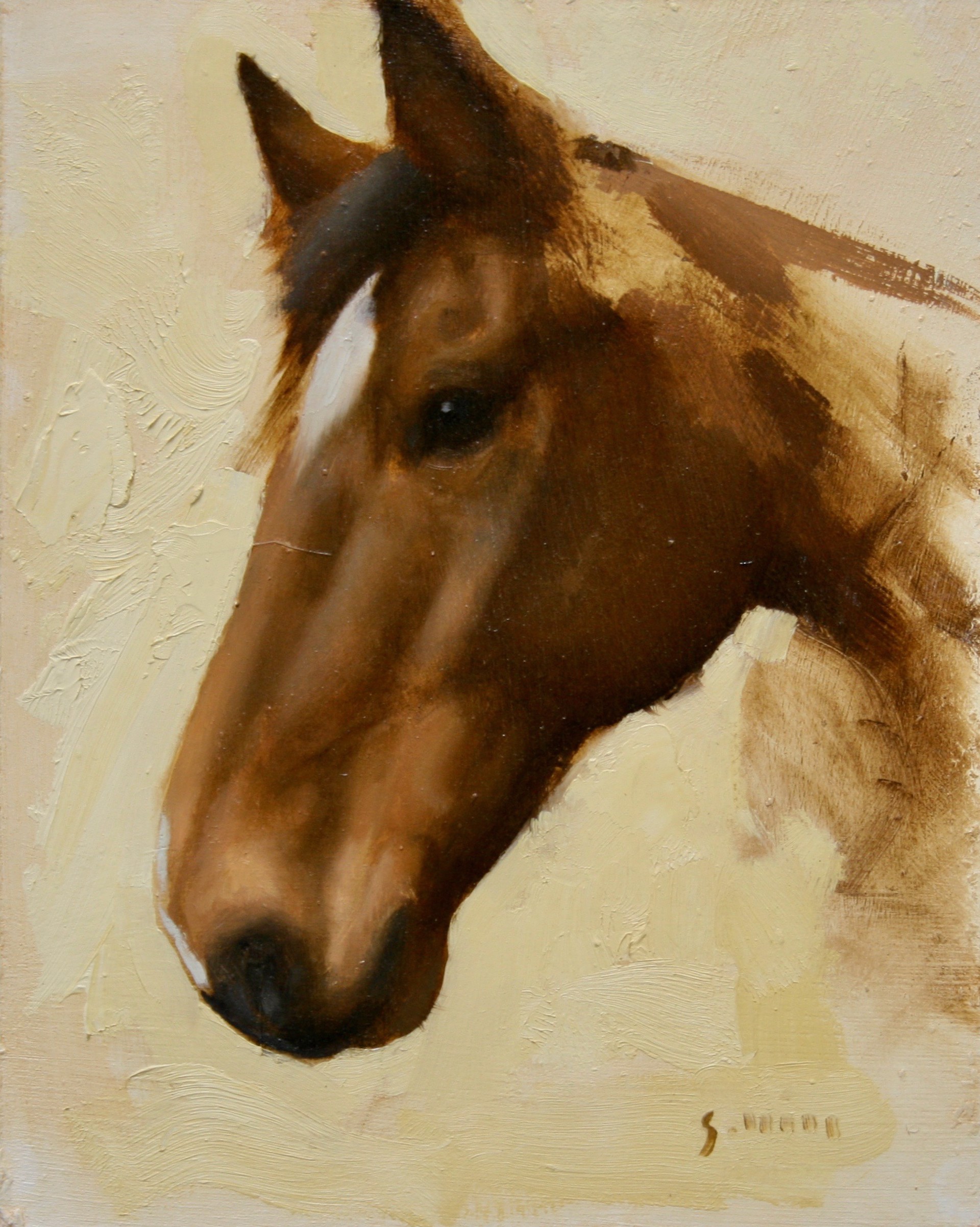 An Original Oil Painting Of A Horse Head With A Cream Background, By George Hill