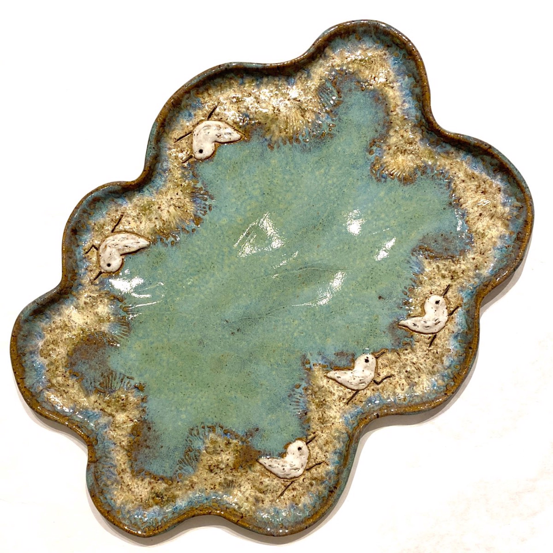 Platter with Five Sandpipers (Green Glaze) LG23-1017 by Jim & Steffi Logan