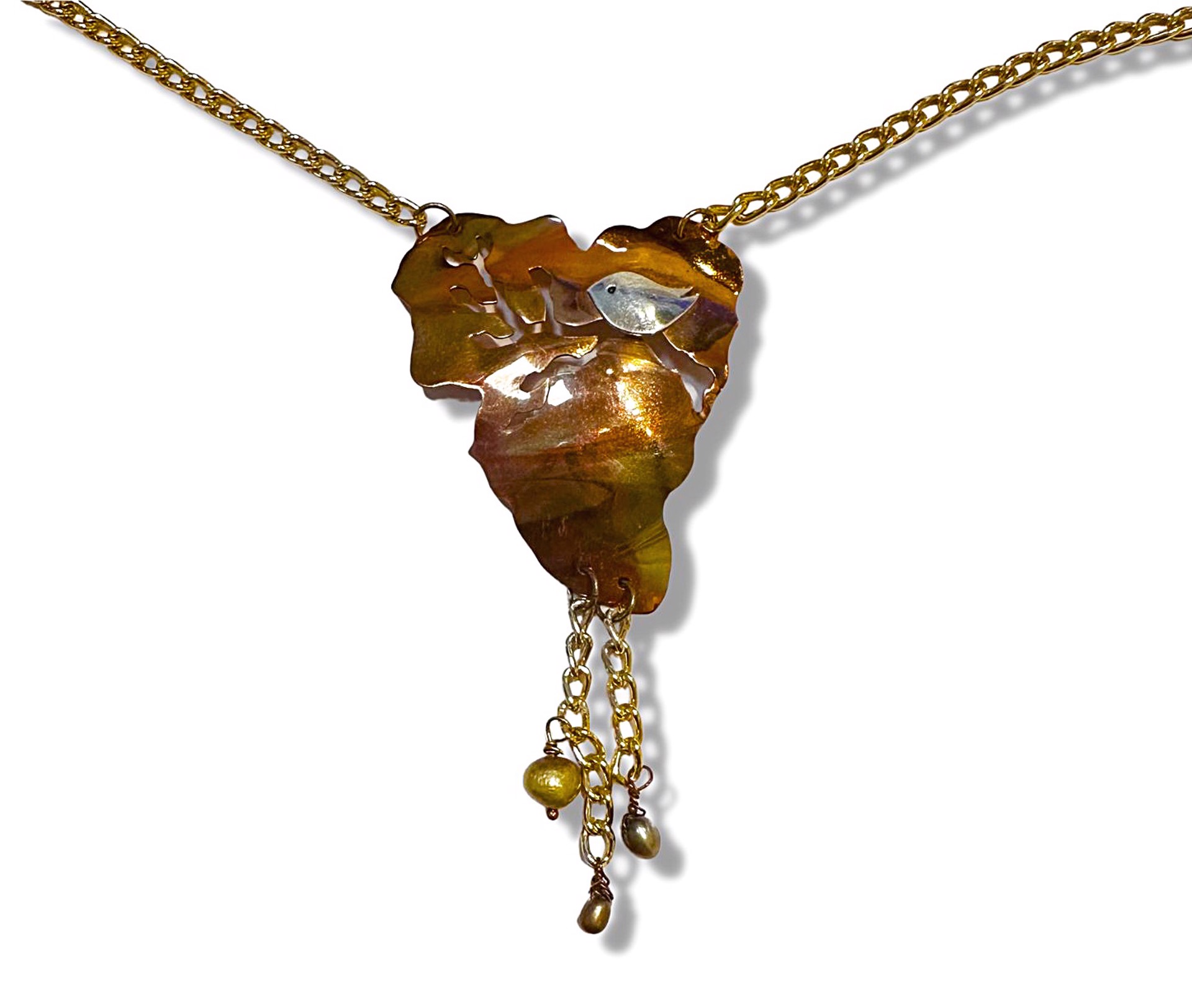 Gold/ Silver/ Copper Bird on a Limb Necklace by Vesta Abel