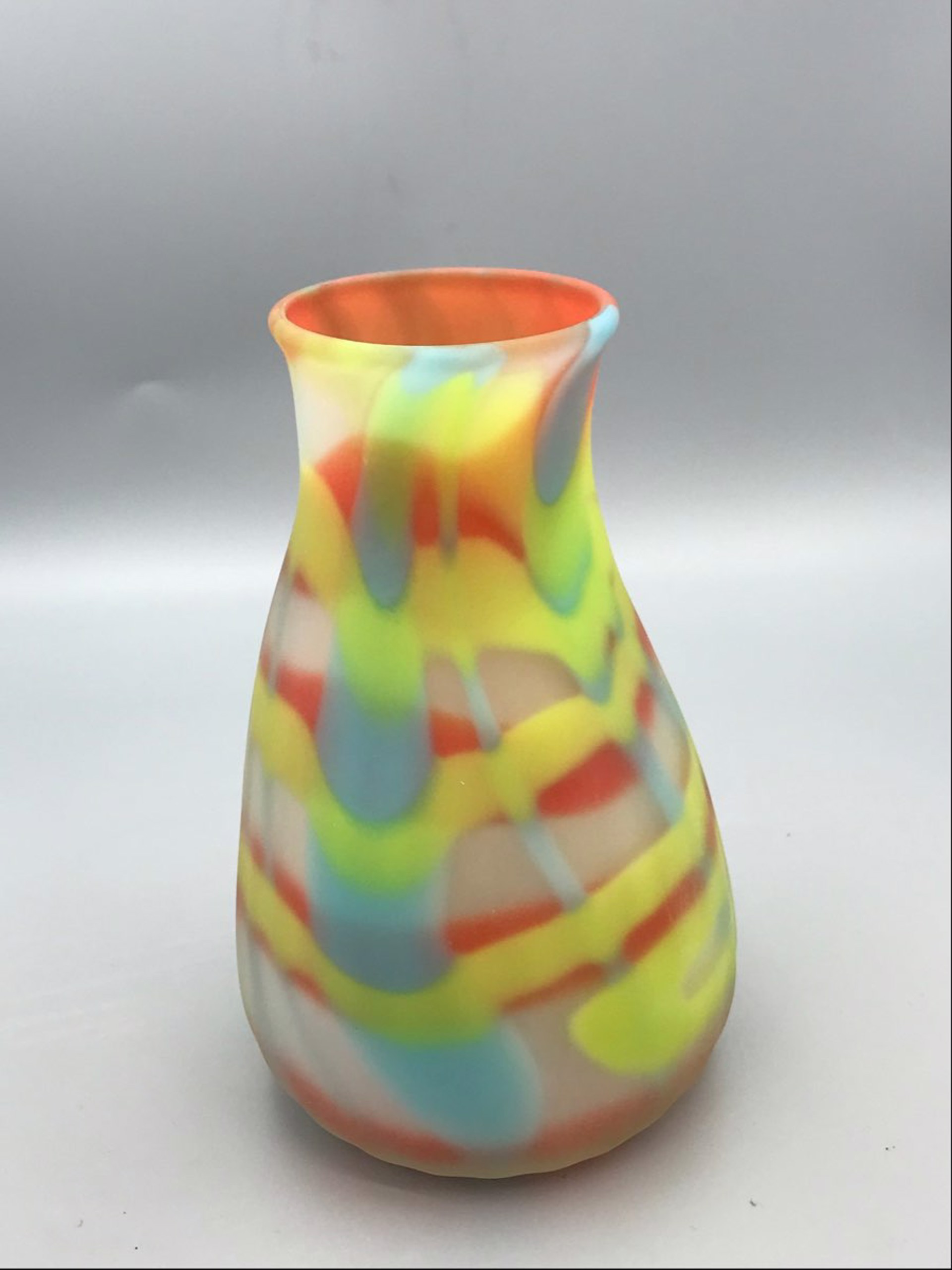 Acid Green, Aqua, Red-Orange Vase by Rene Culler