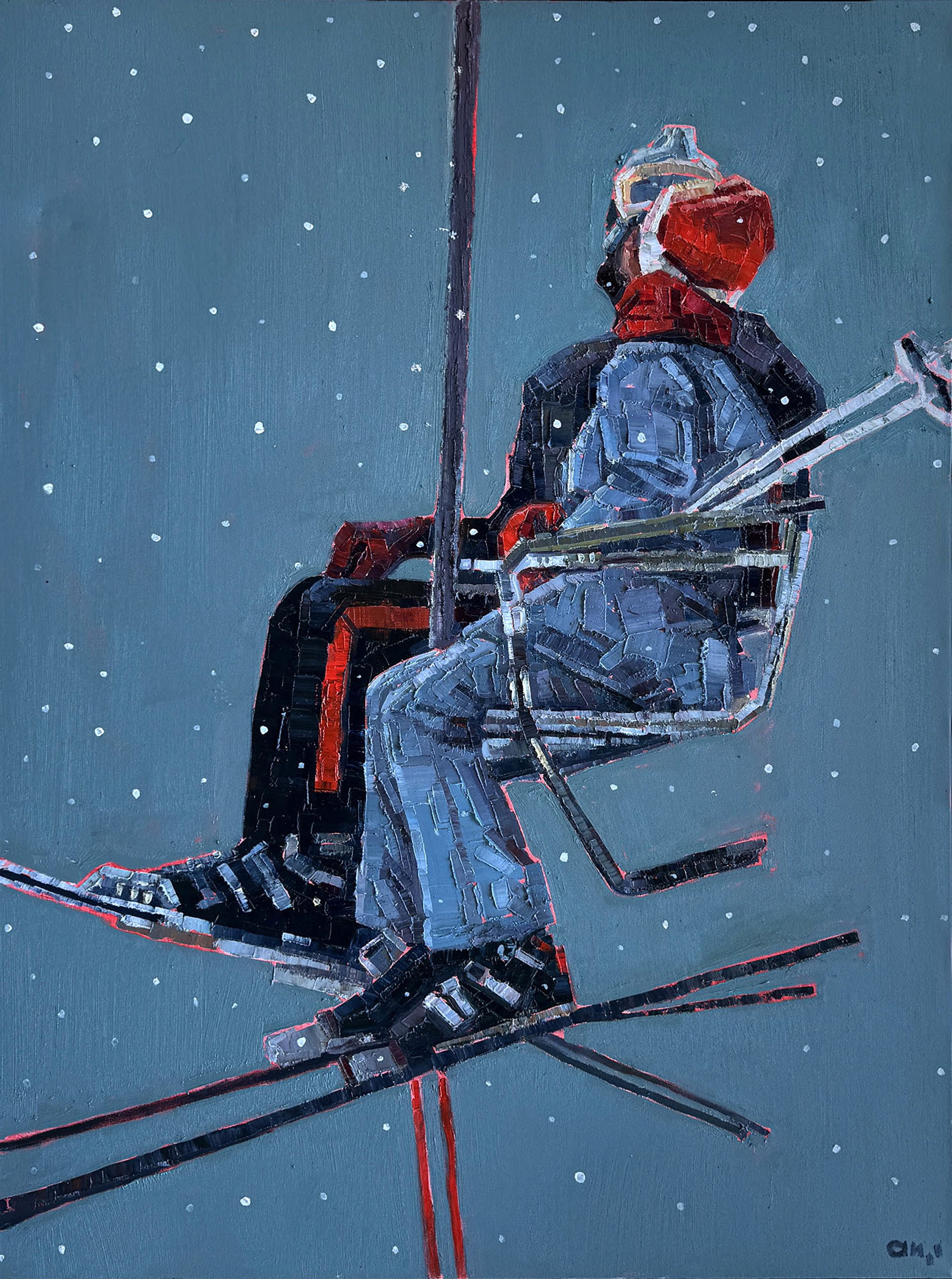 Original Figurative Oil Painting By Aaron Hazel Featuring Two Skiers On A Lift