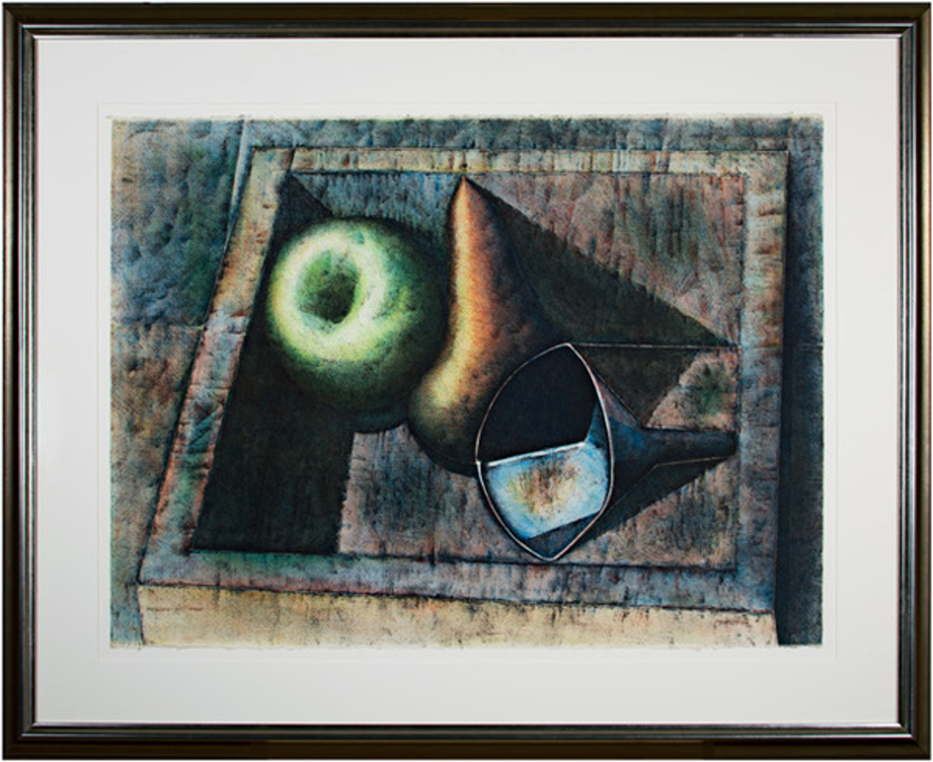 Bodegon - Still Life:  Apple, Pear & Funnel in Box by Armando Morales (Nicaraguan)