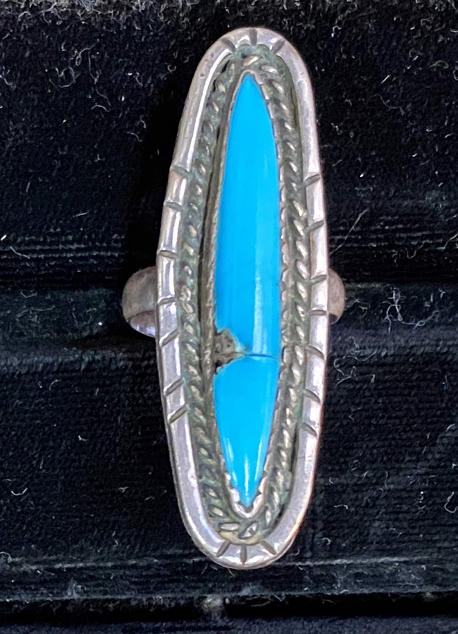 turq.silver ring,solid band, long thin stone  KB001 by Karen Bell