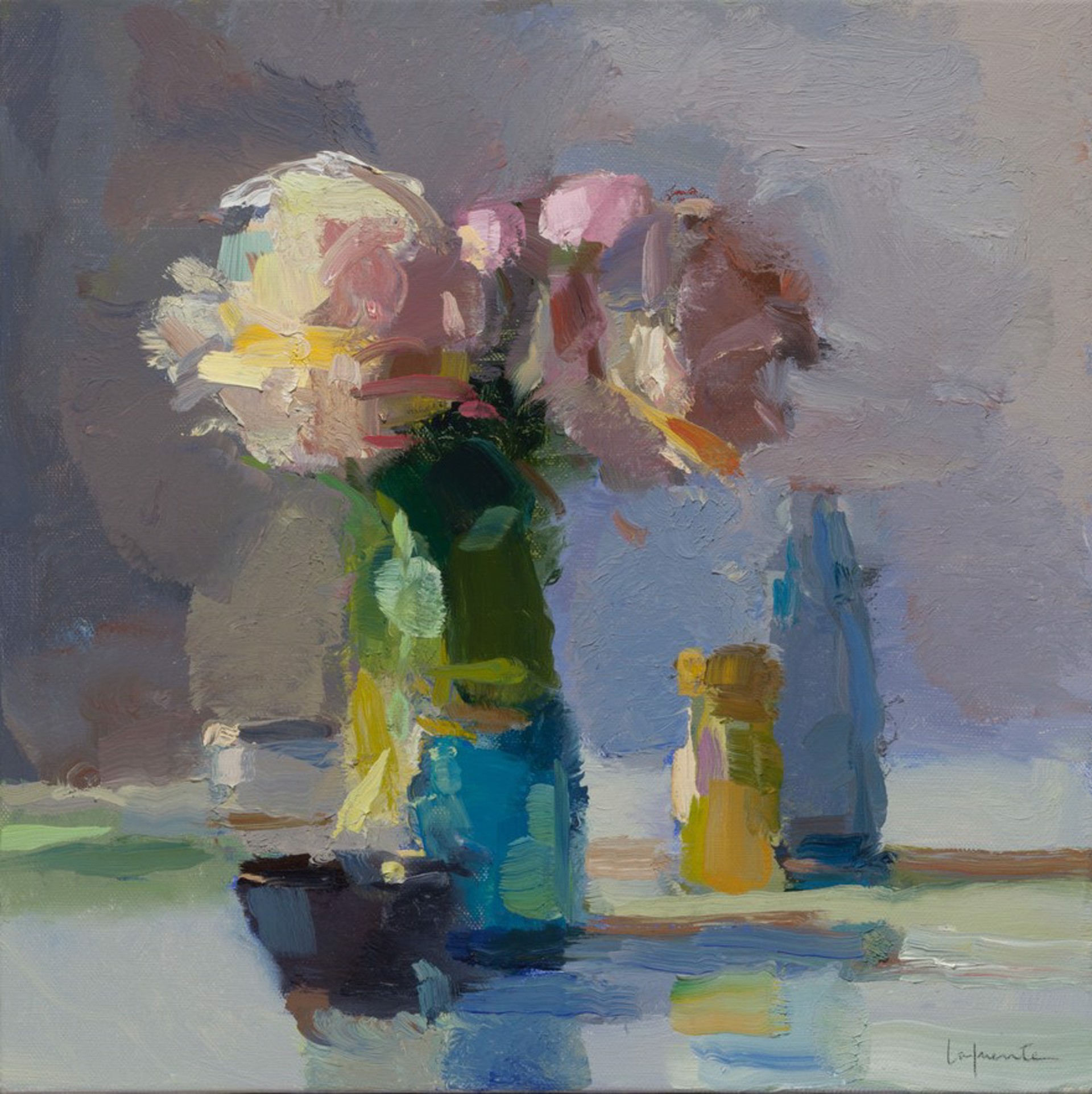 PEONIES, CUPS AND BOTTLES by CHRISTINE LAFUENTE