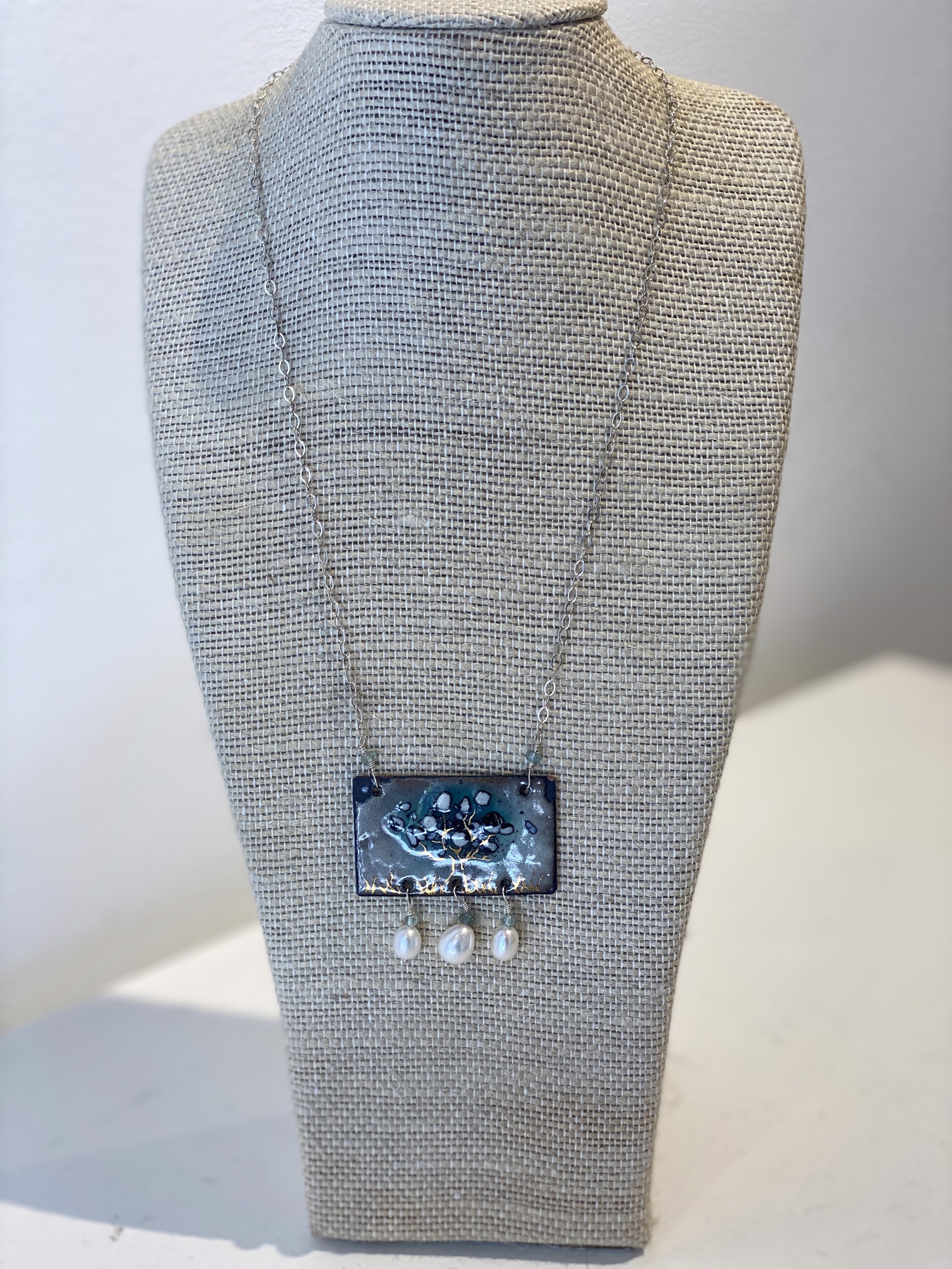 French Enamel Pendant, Pearl, Aquamarine by Ann Marie Hodrick