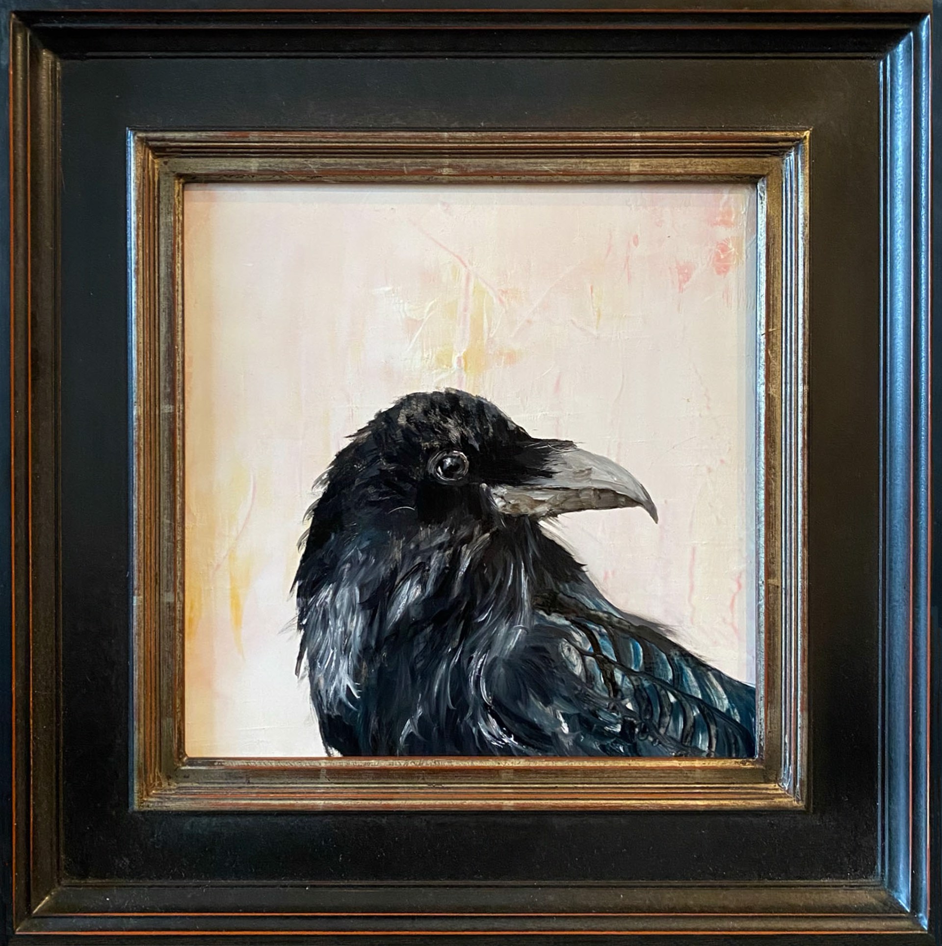 An Oil Painting Of A Raven Portrait With A Contemporary Light Pink And Cream Background