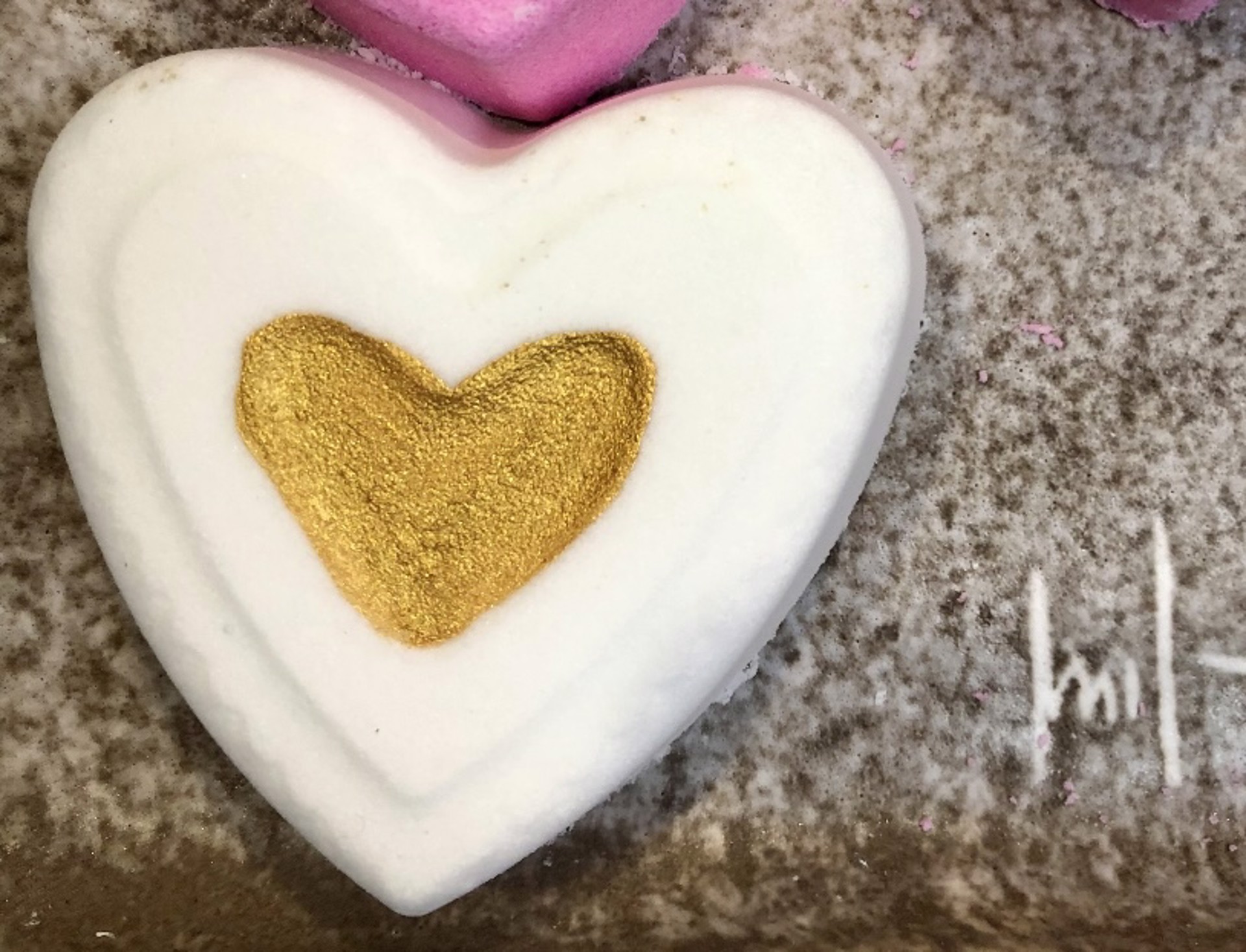 White Jumbo Heart Bath Bombs with Gold Center by Delta Soaps and Scents