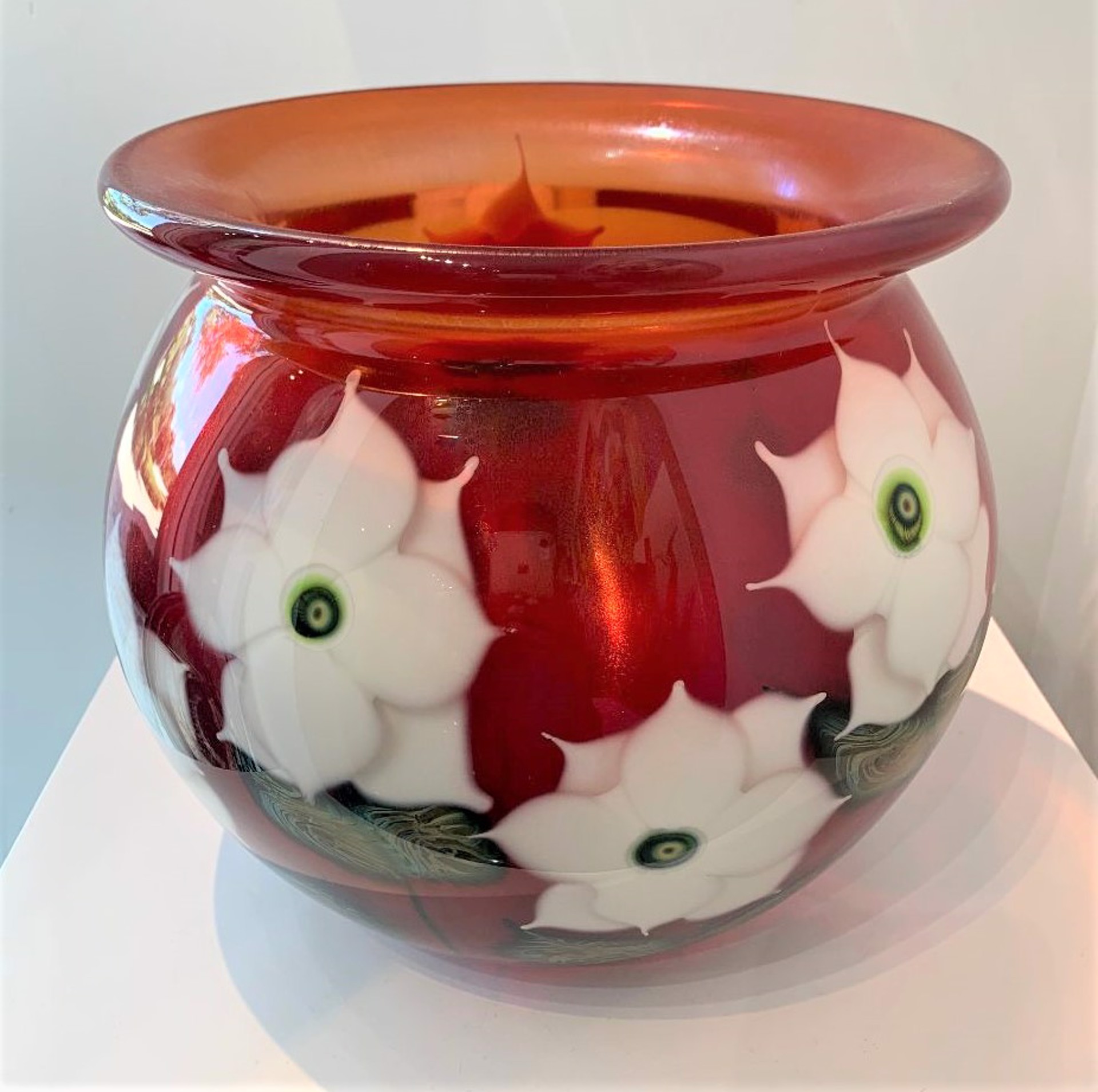 Red Iridium Bowl with White Cynthia Flowers by Daniel Lotton