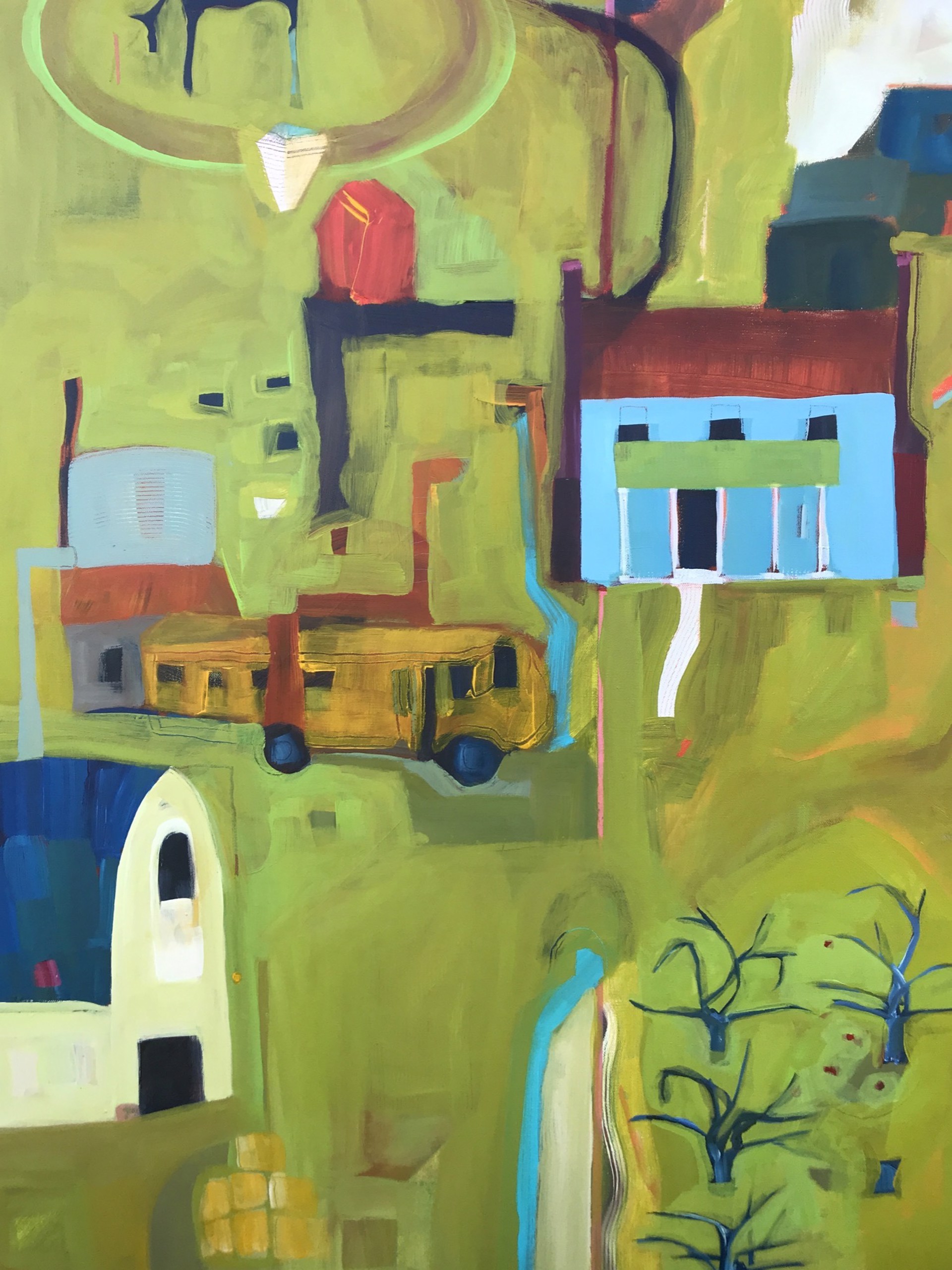 Blue House, Broken Bus and Water Tank by Rachael Van Dyke