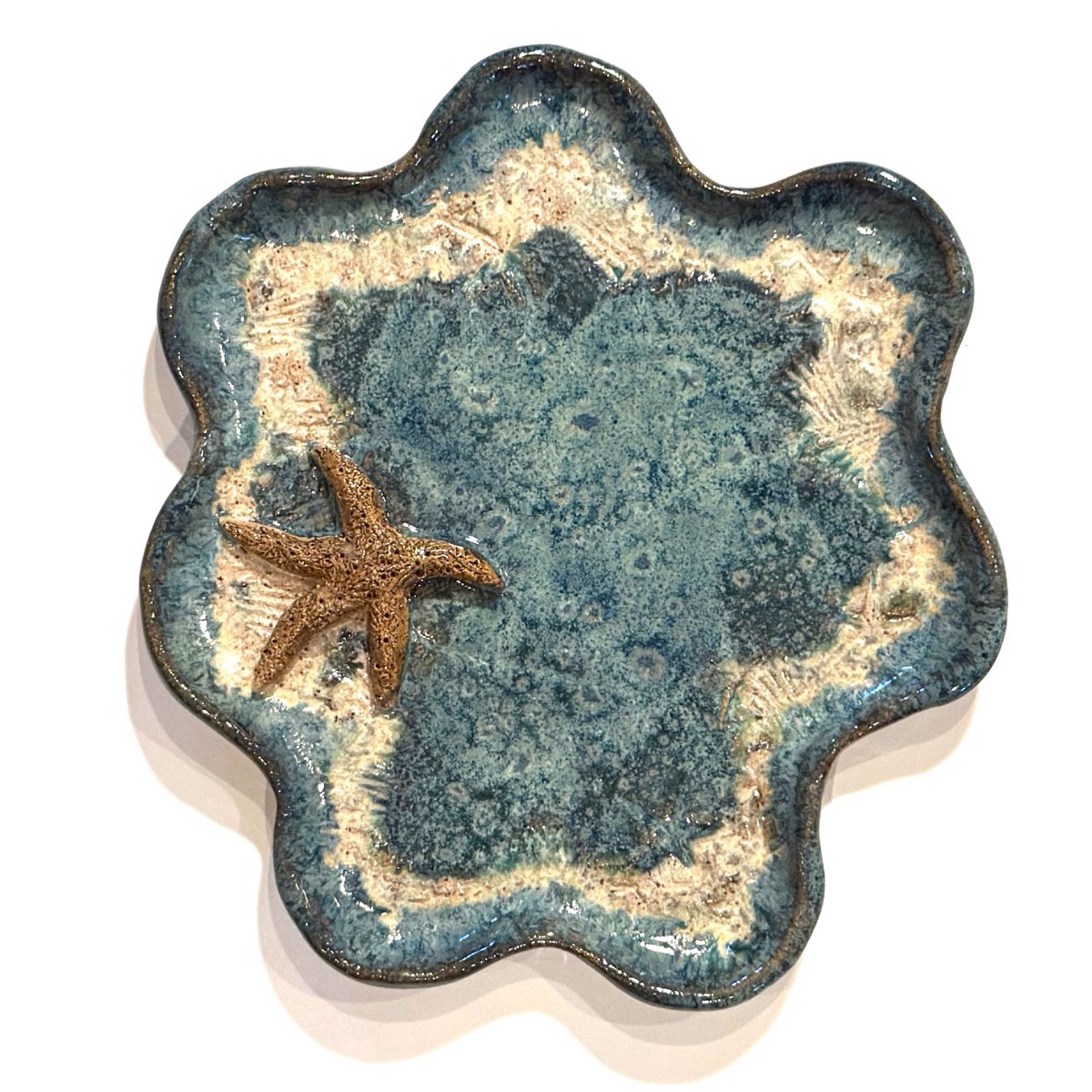 Plate with One Starfish ( Blue Glaze) LG23-1175 by Jim & Steffi Logan