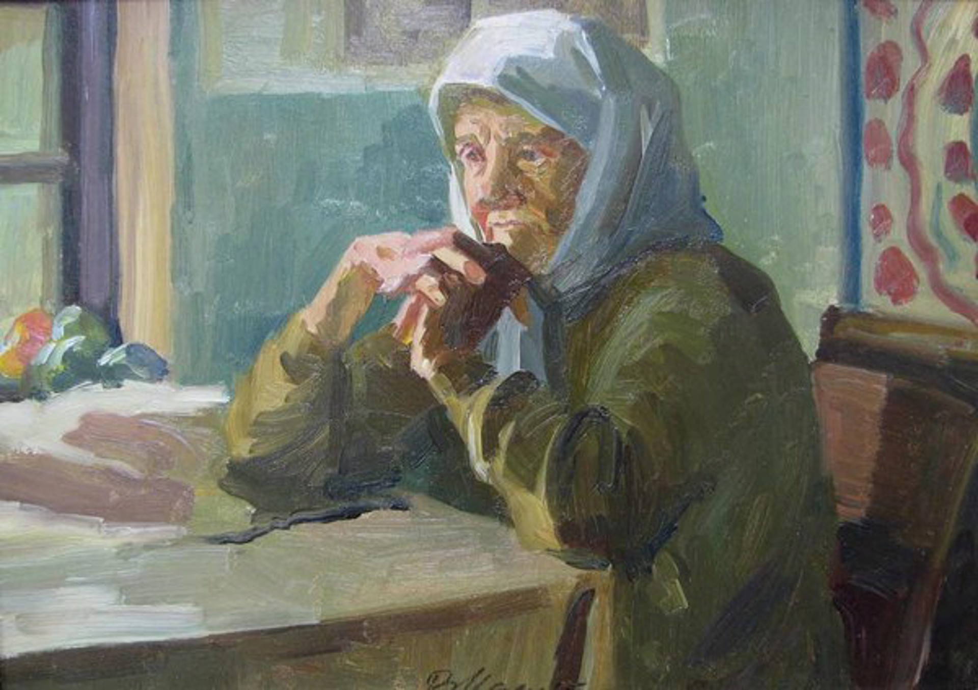 Babushka at Table by Vladimir Masik