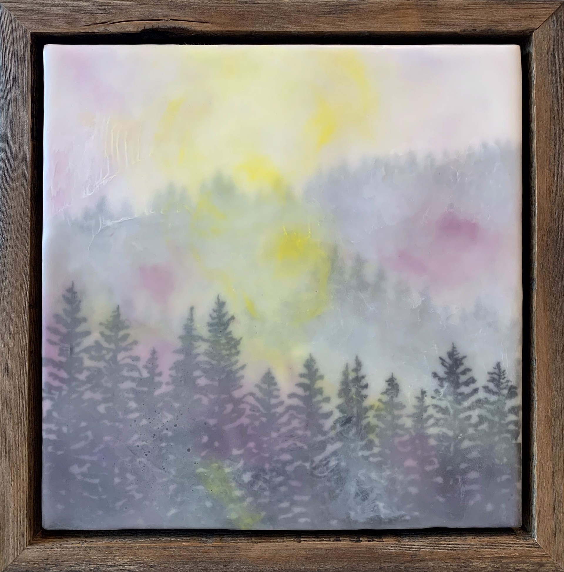 A Gentle Mountain Encaustic Painting Featuring Trees With Soft Yellow And Purple Accents By Bridgette Meinhold, Available At Gallery Wild