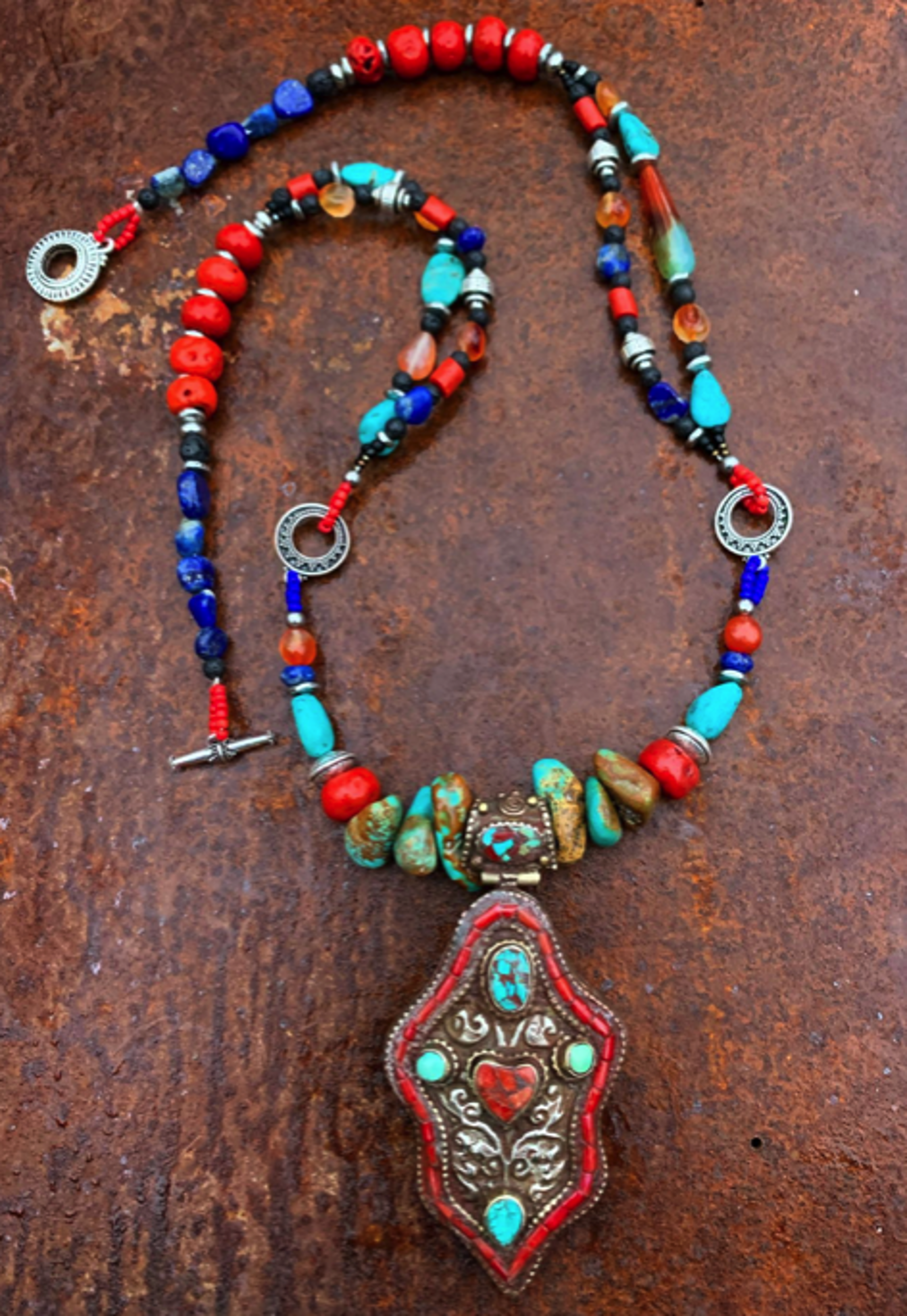 K695 Long Tibetan Necklace with Heart by Kelly Ormsby