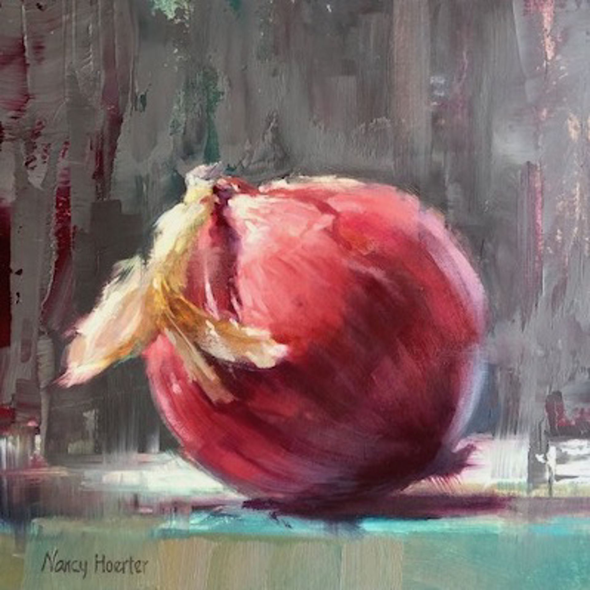 Red Onion, Blue Table by Nancy Hoerter