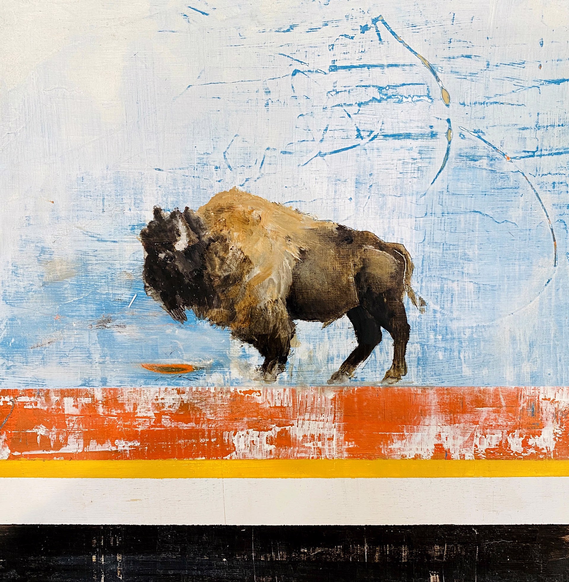 Original Oil Painting Featuring A Single Profile Bison Over Abstract Background
