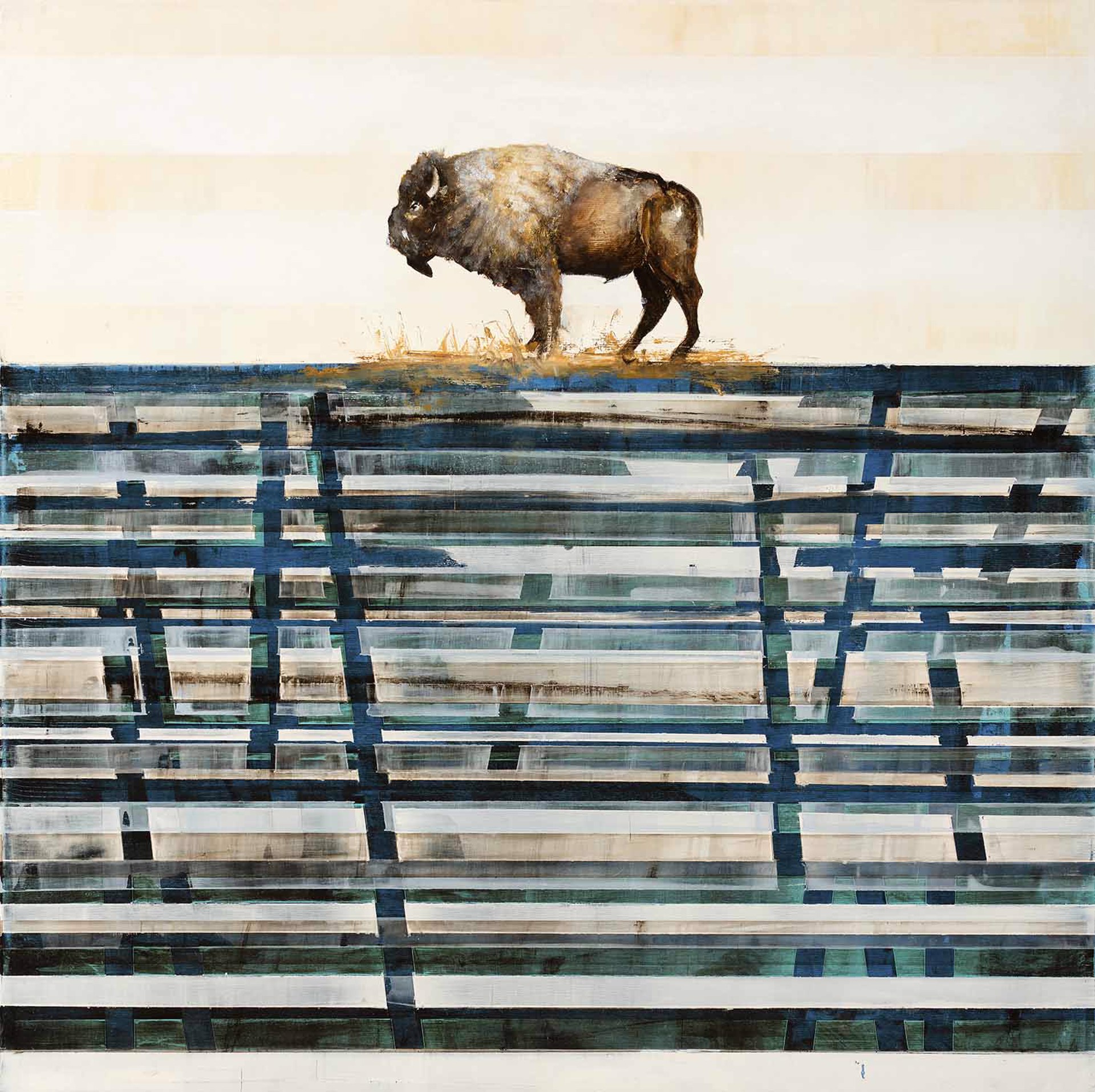 Contemporary Oil Painting Of A Bull Bison Standing On An Abstract Ground Made Of Blue Stripes, Fine Art By Jenna Von Benedikt
