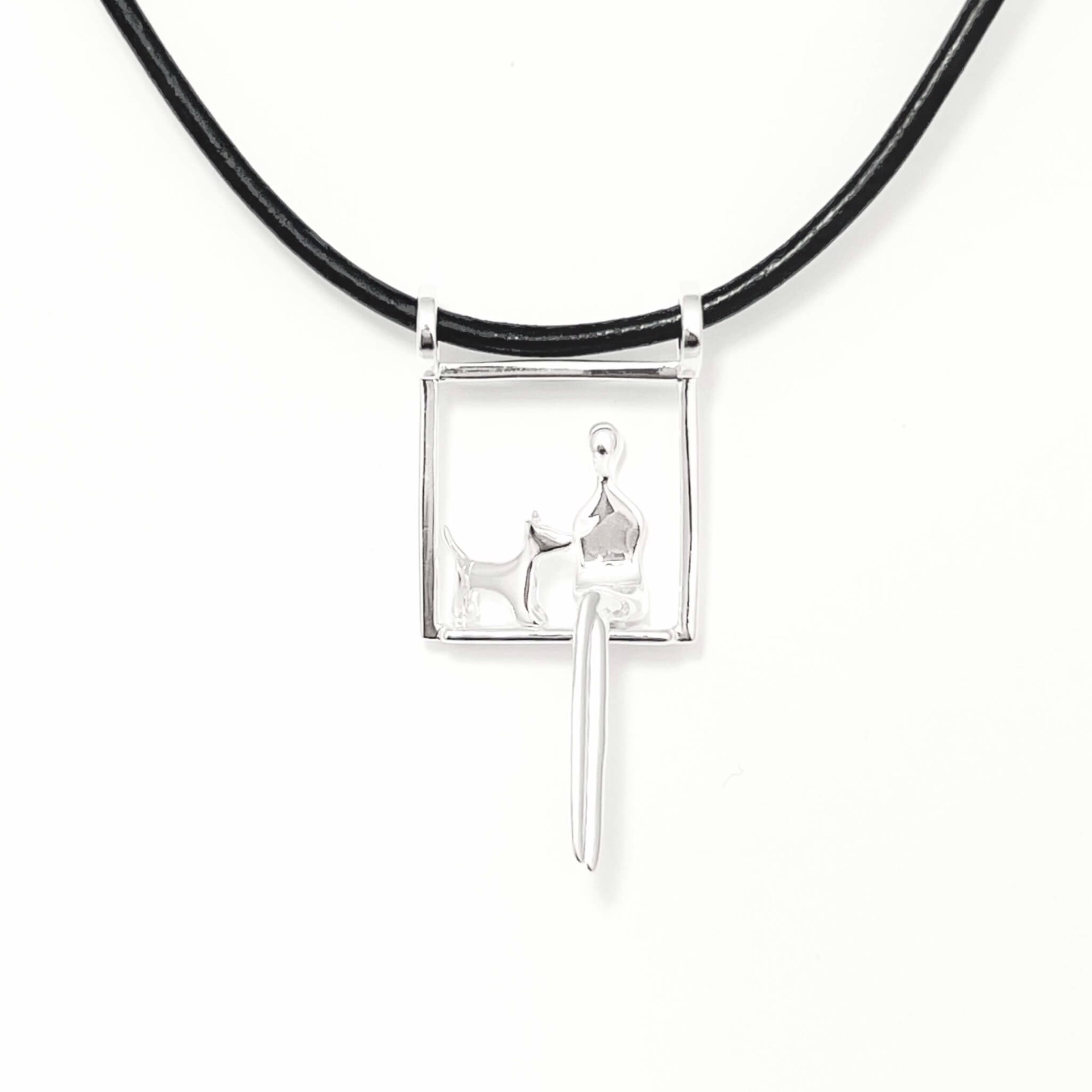 Woman with Dog in Silver with Leather Chain by YENNY COCQ