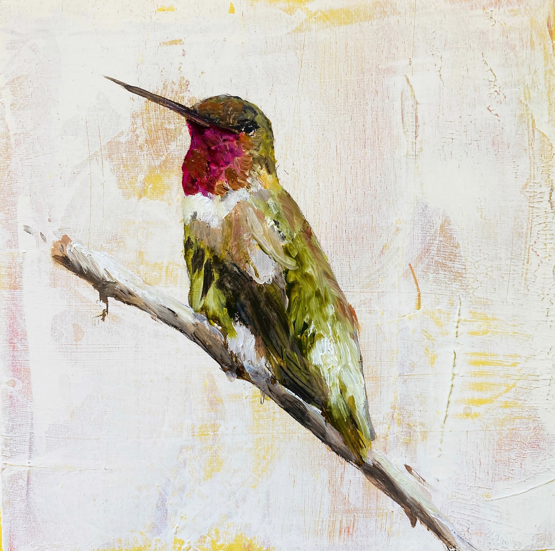 Original Oil Painting featuring A Single Hummingbird On A Branch Over Abstract Pink And Yellow Background