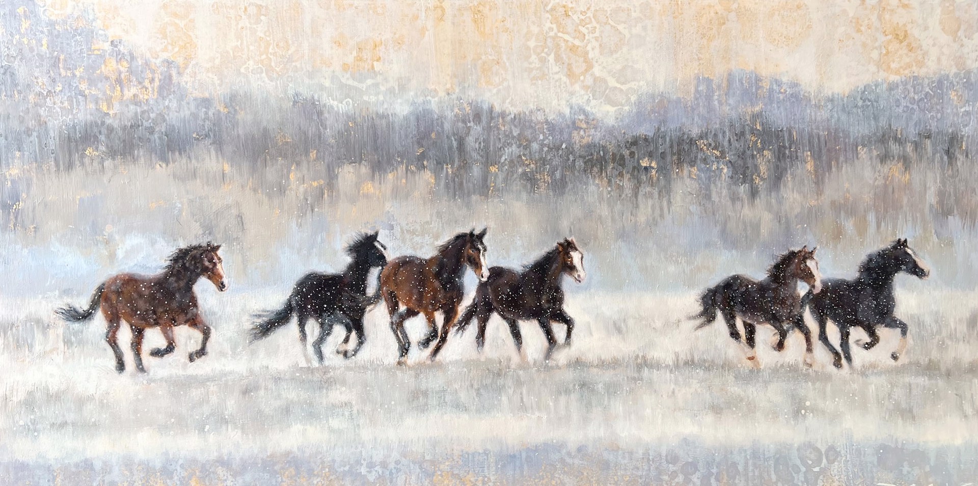 Original Mixed Media Painting By Nealy Riley Featuring A Group Of Horses Running Across Abstracted Landscape Background With Gold Details