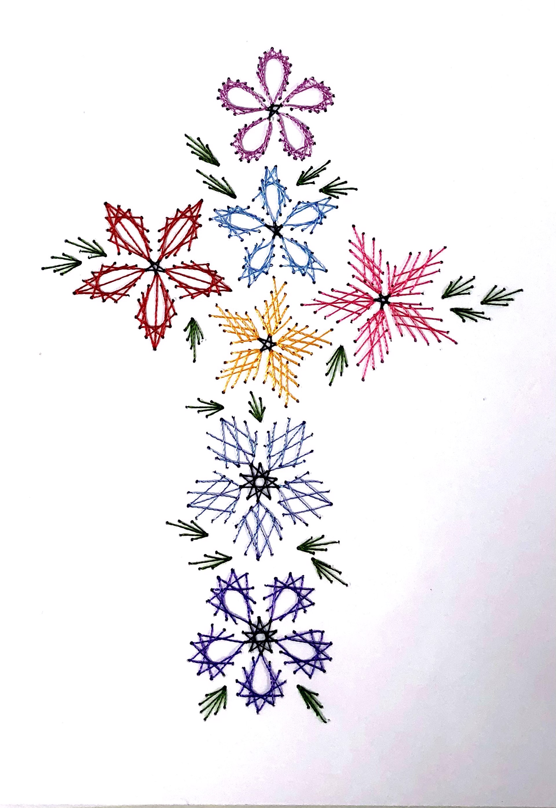 Cross with Flowers Handsewn Card by Jacqueline Green