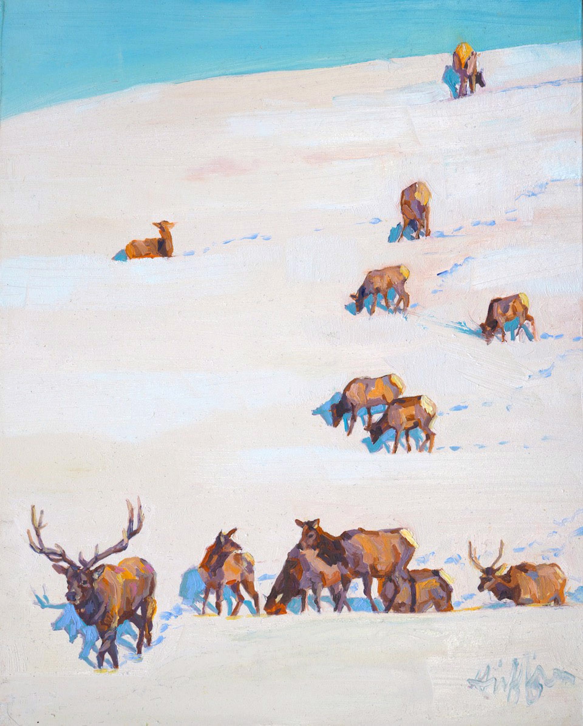 Original Oil Painting Featuring A Elk In Migration Led By Large Buck Through Snowy Landscape