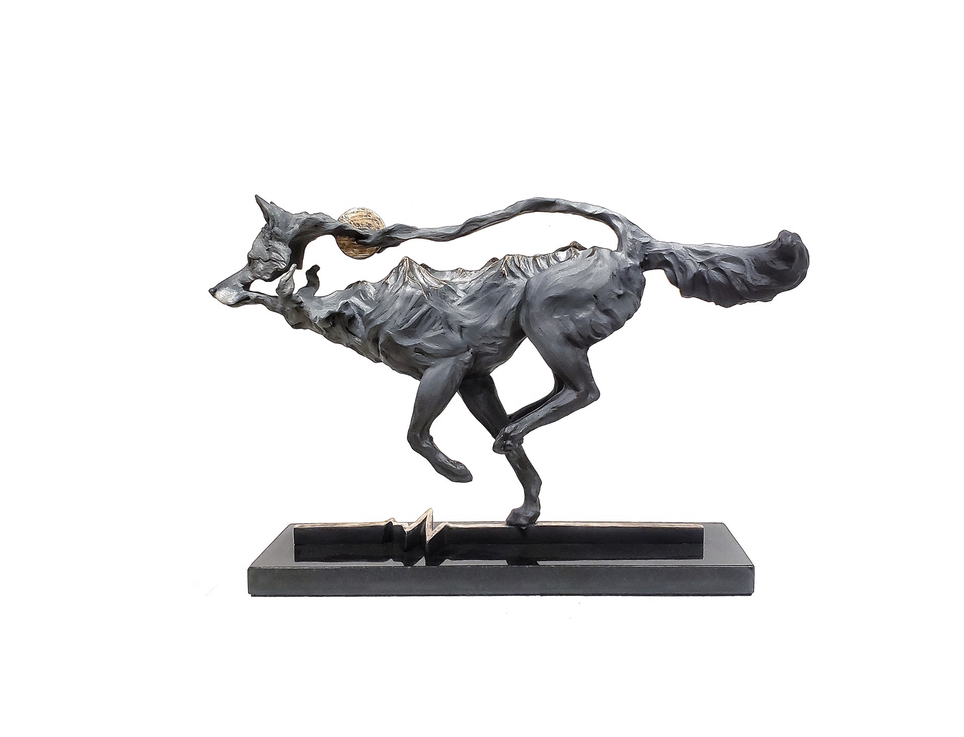 Bronze Sculpture Of A Running Wolf With Mountain Range And Full Moon Embedded In Body In Running Pose On Dark Rectangular Stand
