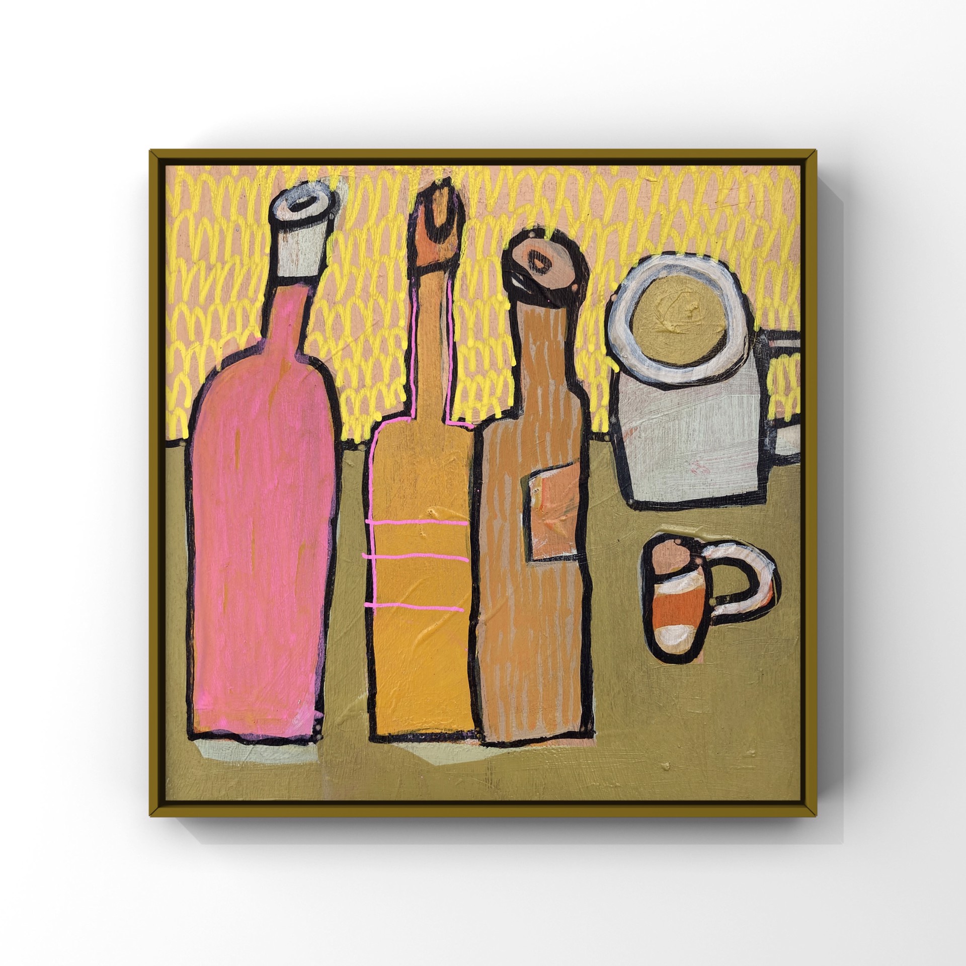 Three Bottles and Two Mugs by Rachael Van Dyke