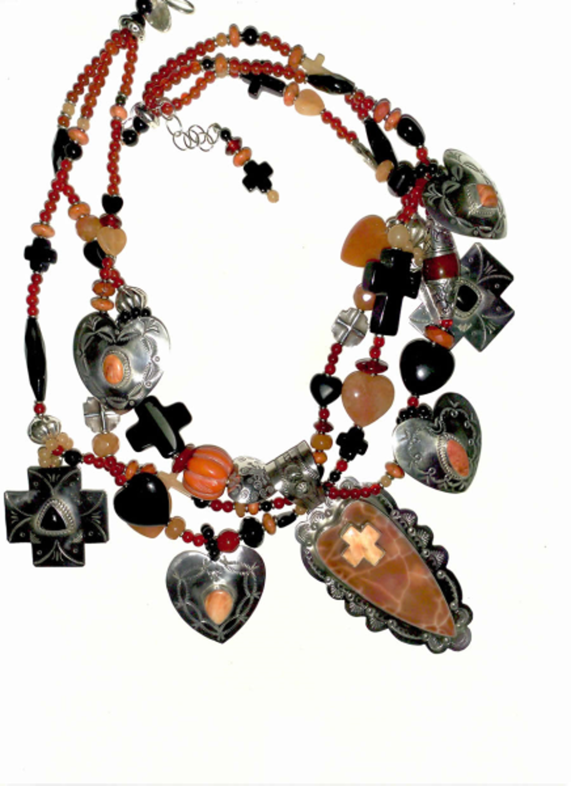 KY 3 - Carnelian, Onyx and Coral Hearts and Crosses Necklace by Kim Yubeta