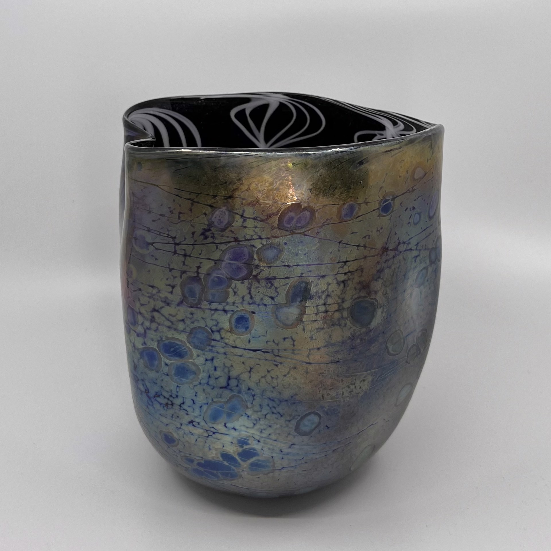 Small Glass Bowl w/ Blue Metallic, White Helix inside by John Glass