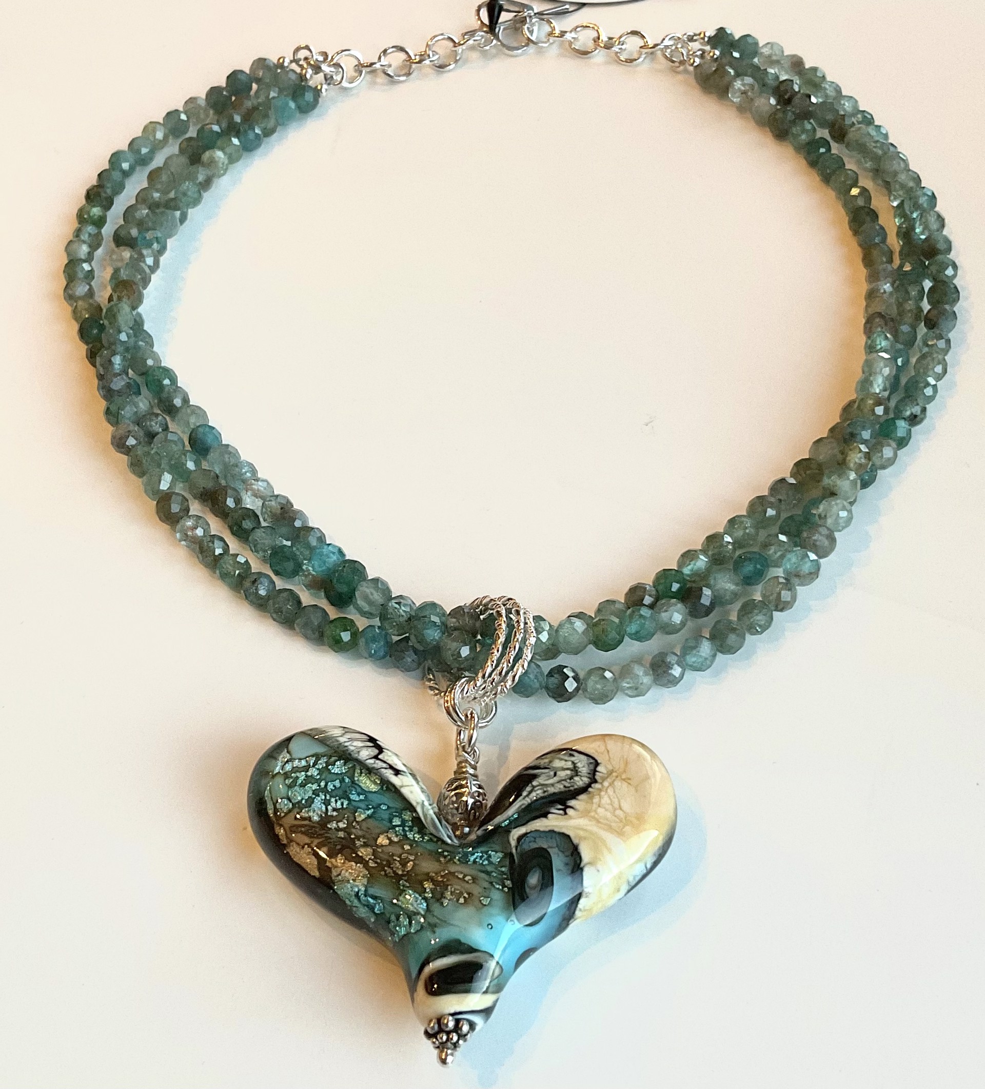 WB23-2 Apatite-Aqua/champagne Heart Necklace by Worn Beadies
