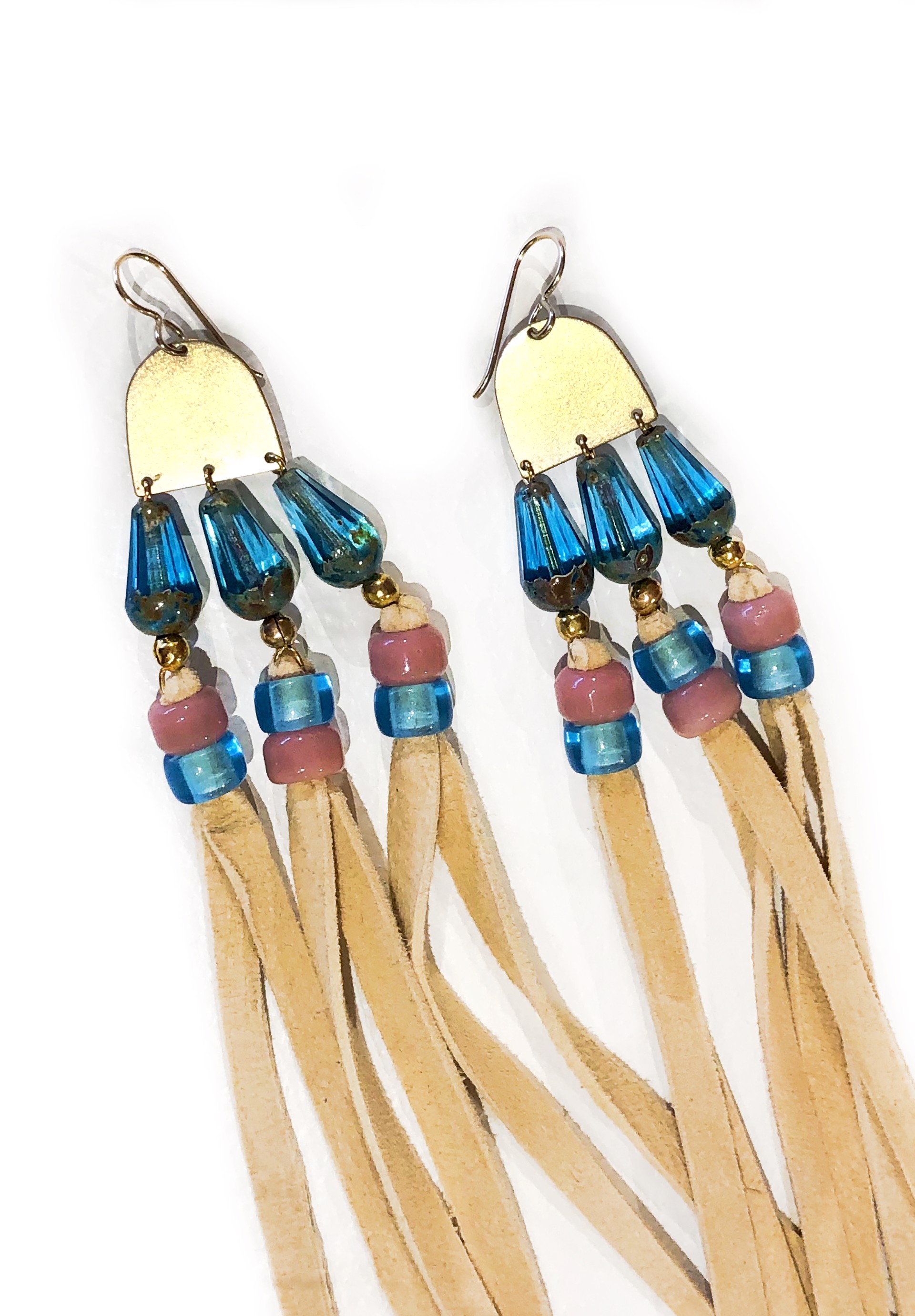 Long Beaded Buckskin Earrings (Blue) by Hollis Chitto