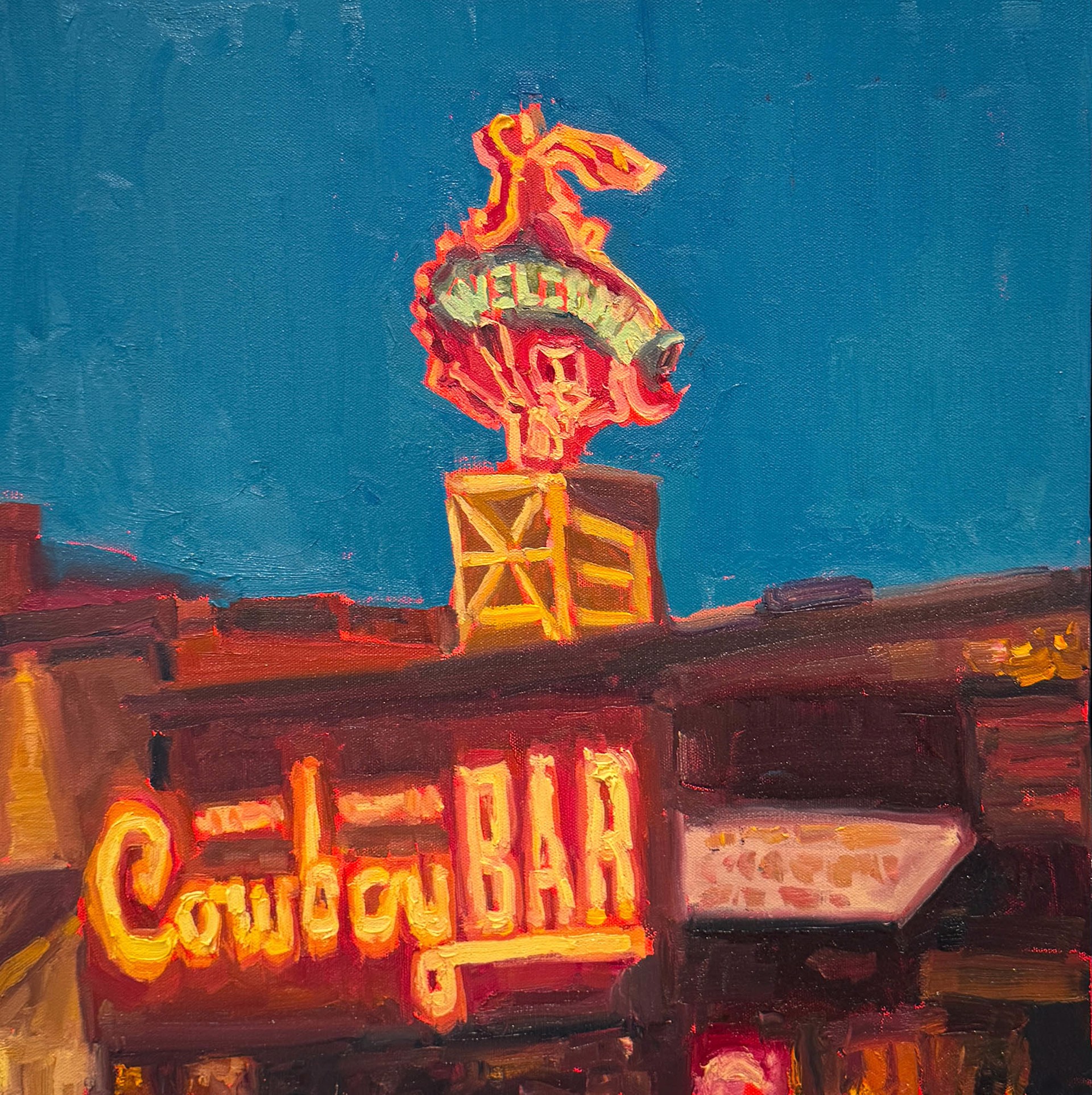 Original Oil Painting By Aaron Hazel Featuring The Million Dollar Cowboy Bar At Dusk
