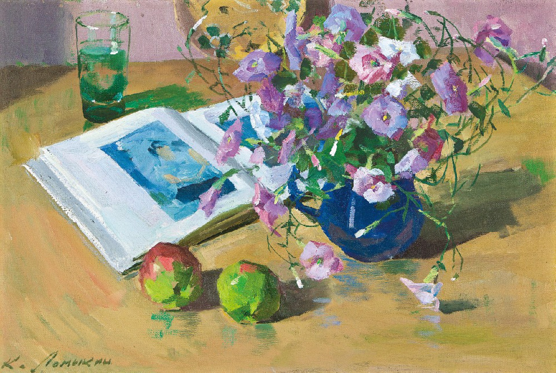 Still Life with Book and Flowers by Konstantin Lomykin