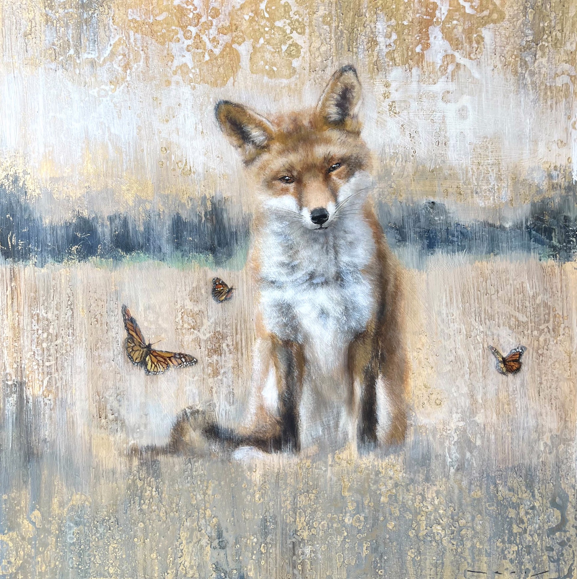 Original Mixed Media Painting By Nealy Riley Featuring A Red Fox With Monarch Butterflies In A Field
